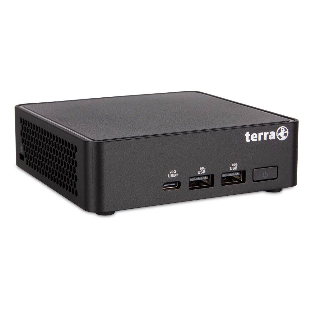 Ein kompakter schwarzer Mini-PC mit einem 'terra'-Logo auf der Vorderseite, ausgestattet mit mehreren USB-Anschlüssen und einem Ein-/Ausschalter, konzipiert für den Desktopgebrauch.