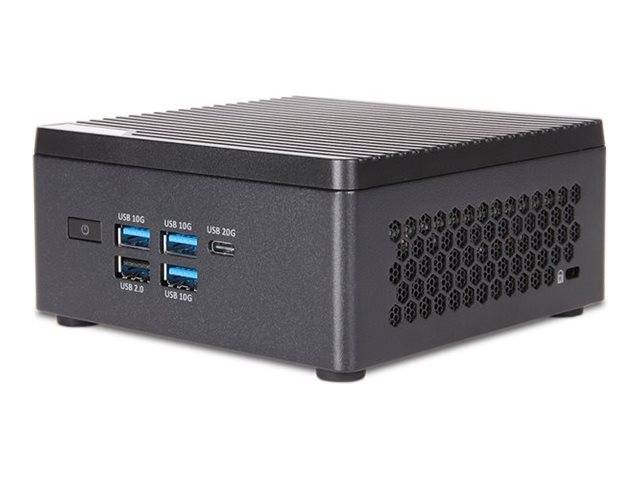 Ein kompakter, schwarzer Computer Mini-PC mit mehreren USB-Anschlüssen an der Vorderseite, einschließlich USB 2.0, USB 10G und USB 20G, sowie Lüftung an der Seite.