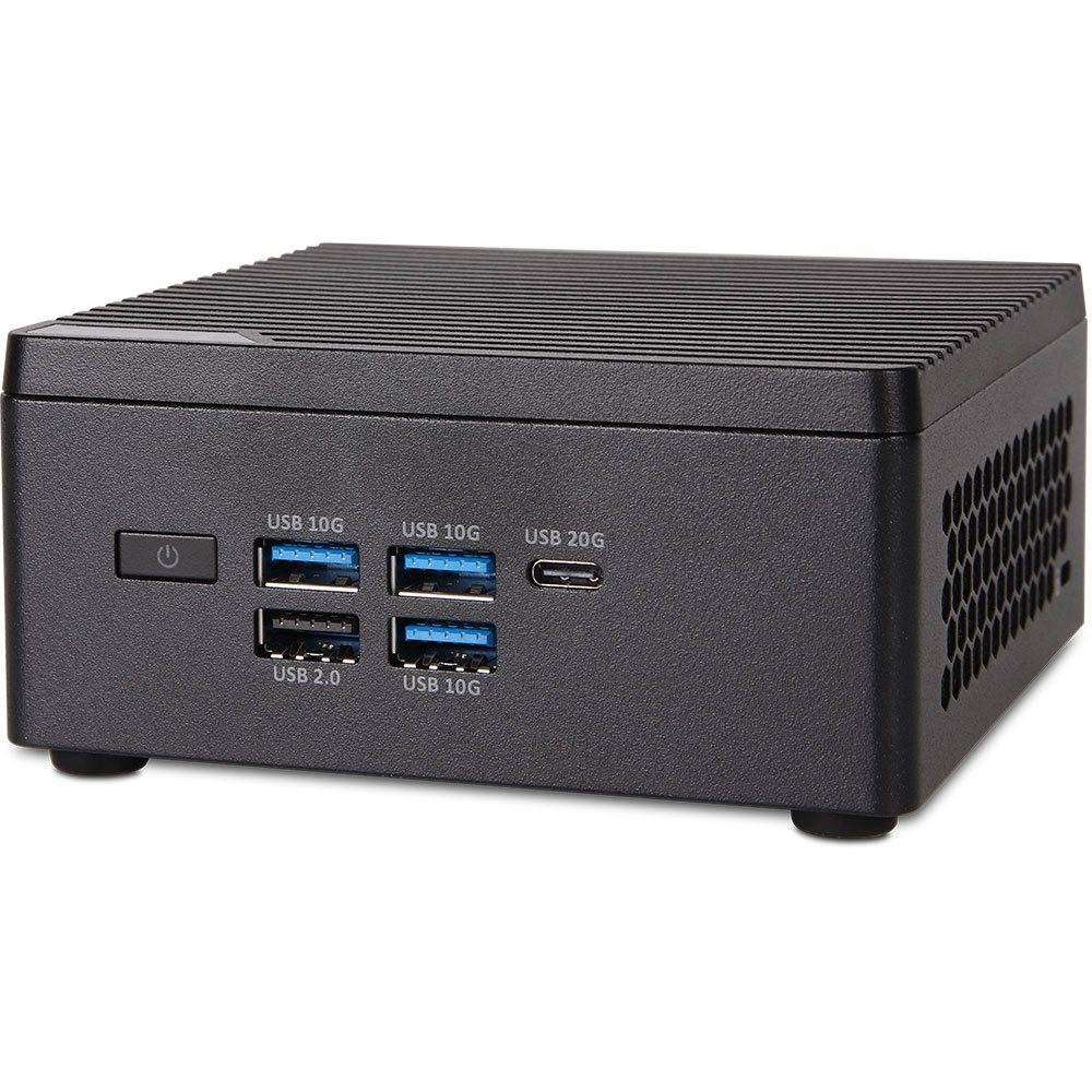 Eine kompakte schwarze Computer-Box mit einem Ein-/Ausschalter, zwei USB-2.0-Anschlüssen, vier USB-10G-Anschlüssen und einem USB-20G-Anschluss mit belüfteten Seiten.