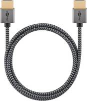 Ein gewickeltes, geflochtenes HDMI-Kabel mit vergoldeten Anschlüssen an beiden Enden, das zur Übertragung digitaler Video- und Audiosignale verwendet wird.