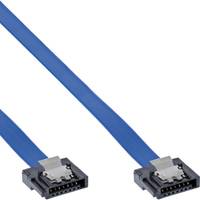 Zwei blaue Flachbandkabel mit schwarzen Steckern an jedem Ende, parallel zueinander verlegt. Jeder Stecker verfügt über metallische Klammern für eine sichere Befestigung.