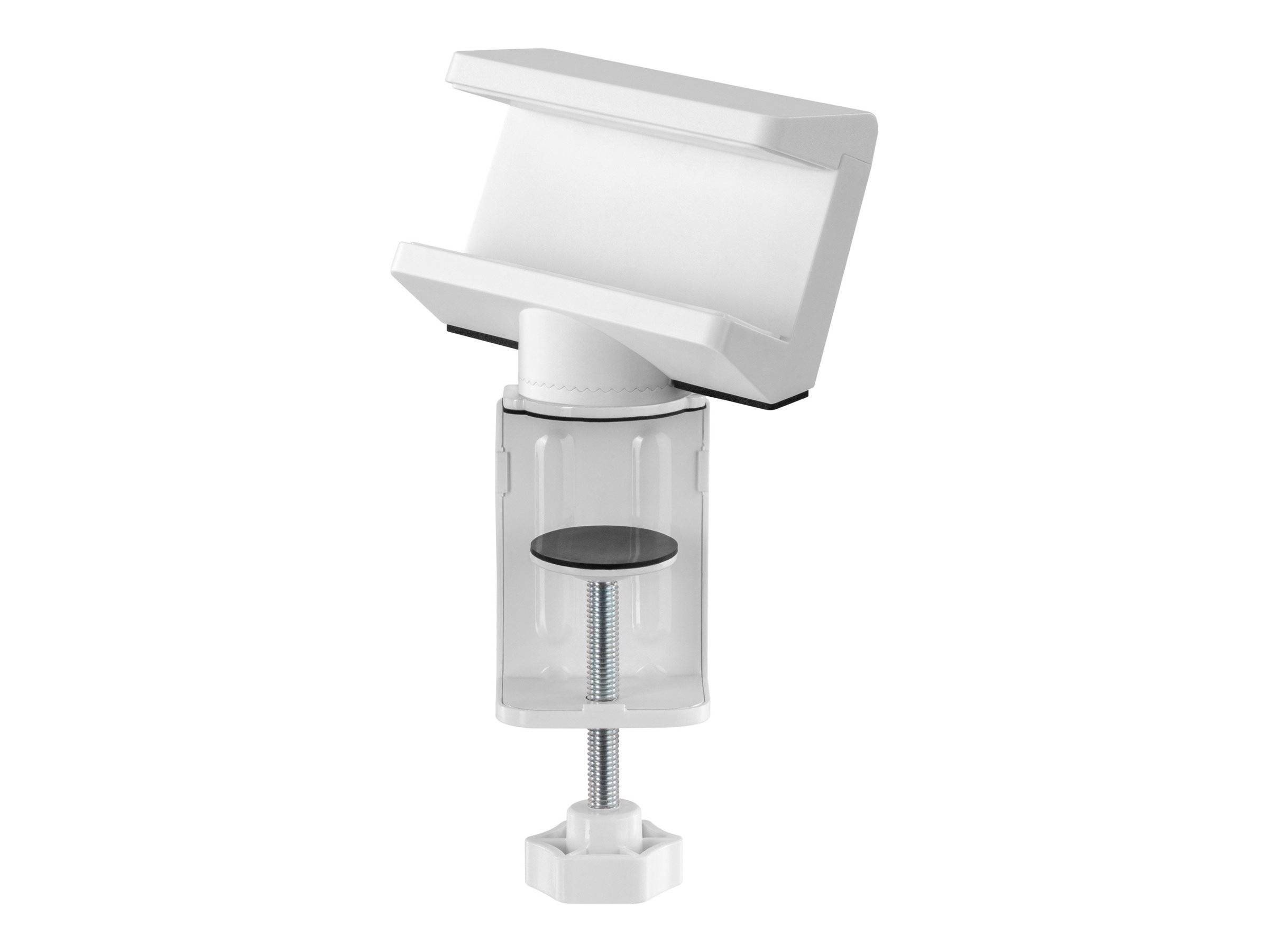 Eine weiße, verstellbare LED-Leselampe mit Klemmfuß, die zum Befestigen an Oberflächen konzipiert ist.