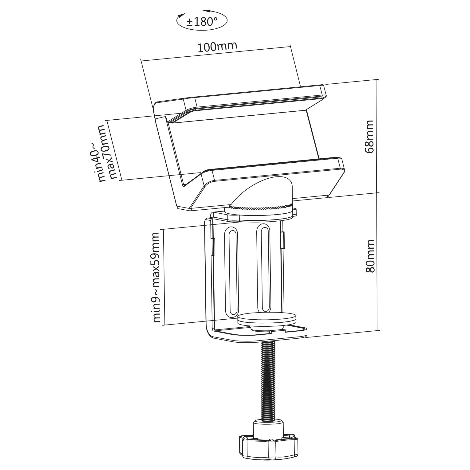 Technische Zeichnung einer Klemme mit Abmessungen: Oberkiefer 100 mm breit, höhenverstellbar von 40 mm bis 170 mm, Tiefe 68 mm.