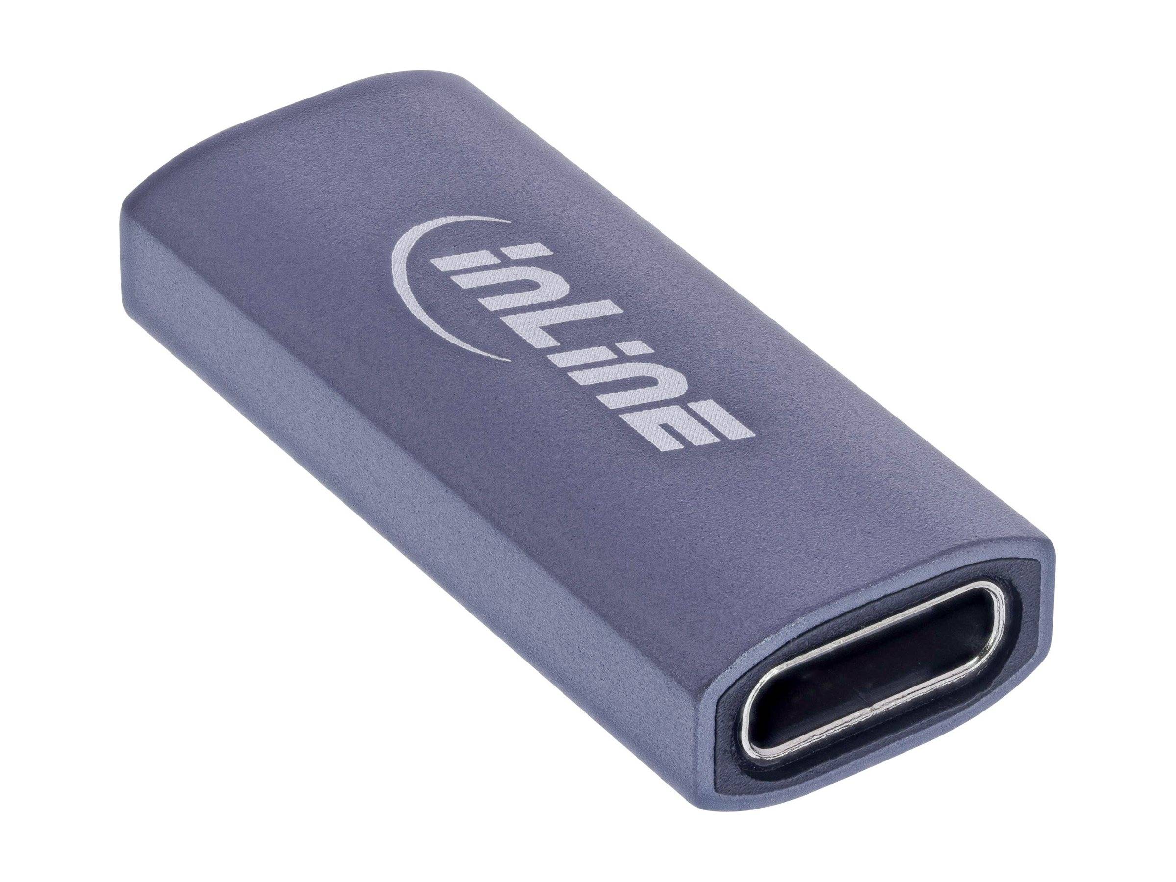 Ein Nahaufnahmebild eines grauen USB Typ-C Adapters mit dem Markennamen 'inLine', der auf seiner Oberfläche gedruckt ist.