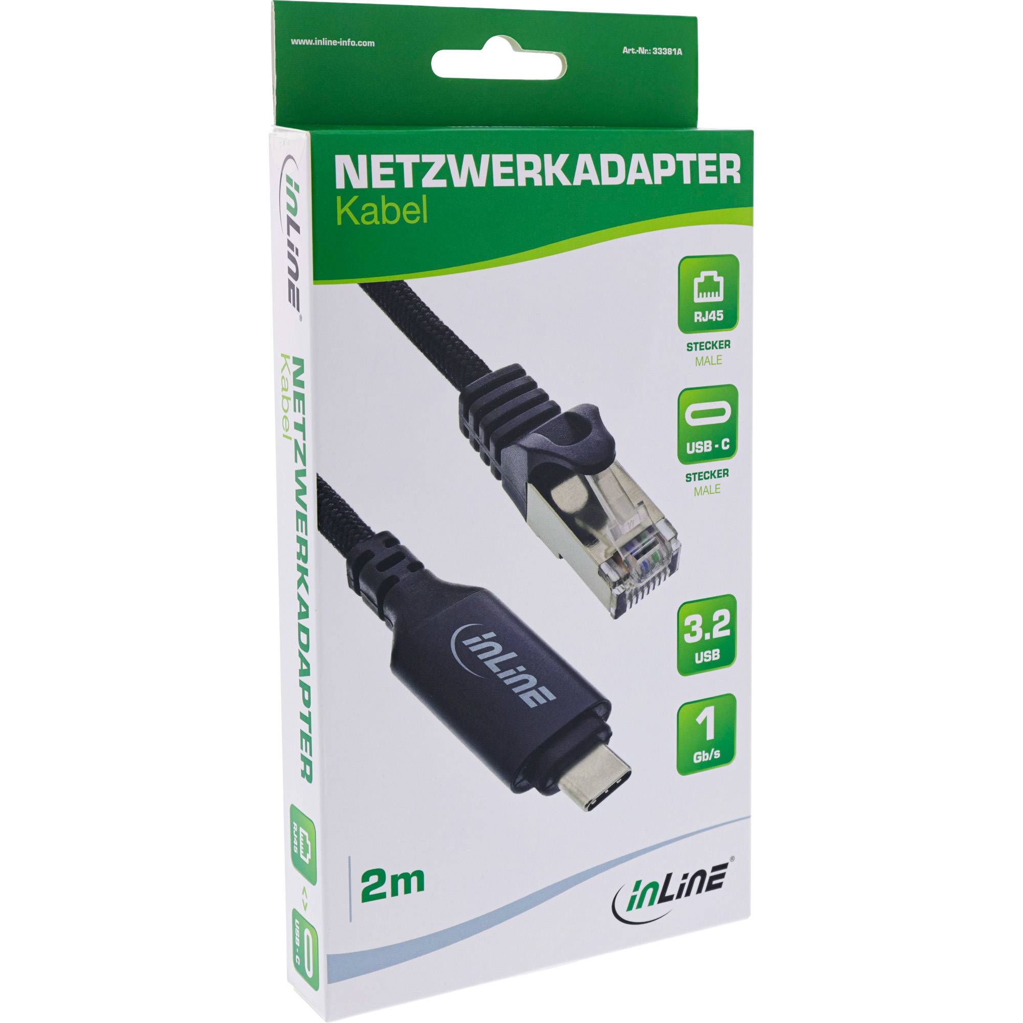 Eine Verpackung mit einem 'Inline Netzwerkadapter' Kabel wird gezeigt. Es unterstützt RJ45 und USB-C, 3.2 USB, Gen 1, 1 Gb/s. Das Kabel ist 2 Meter lang.