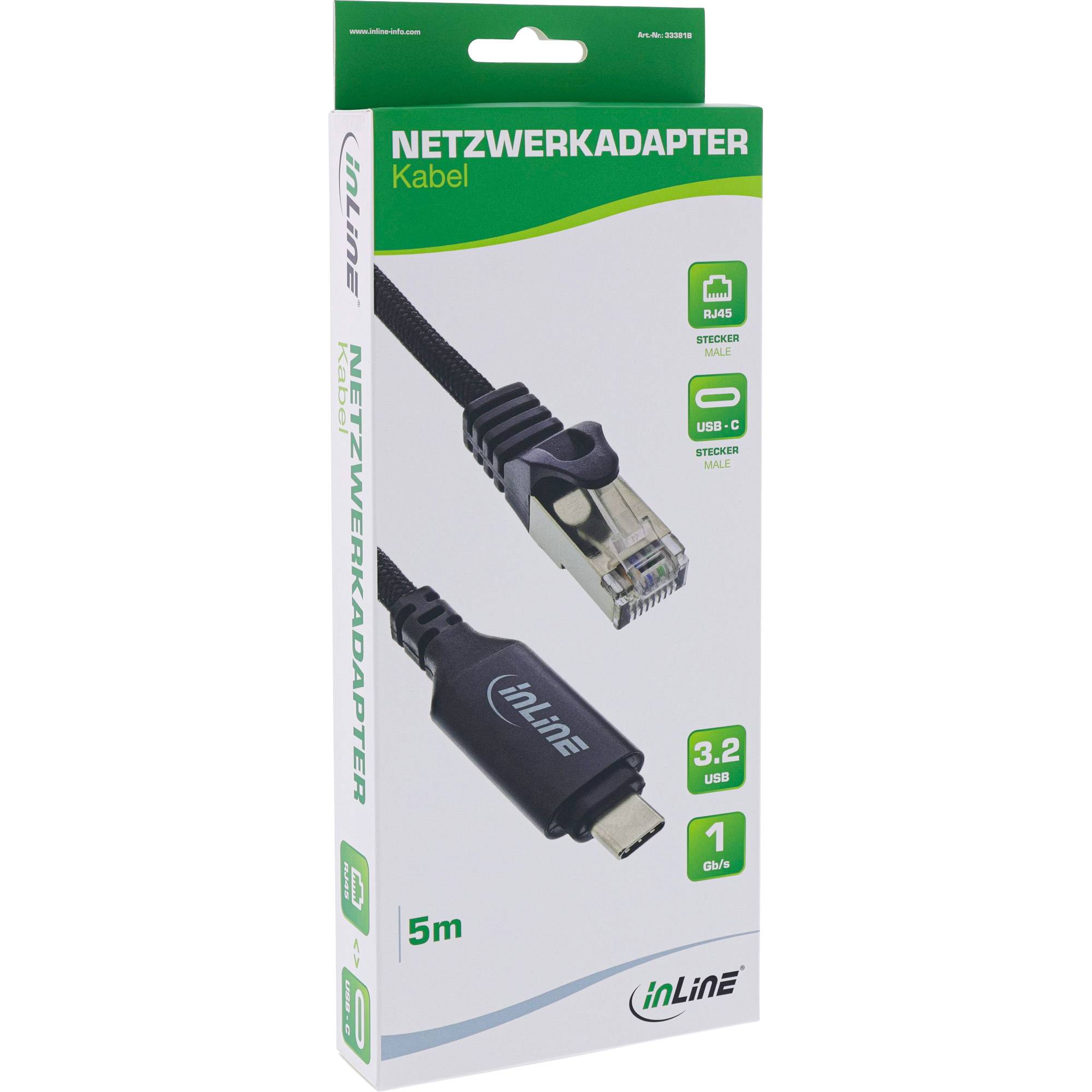 Verpackung eines 5 Meter Ethernet zu USB-C Netzwerkkabels von 'inLine', mit USB 3.2 und 1 Gbit/s Geschwindigkeit, in grün-weißer Schachtel.