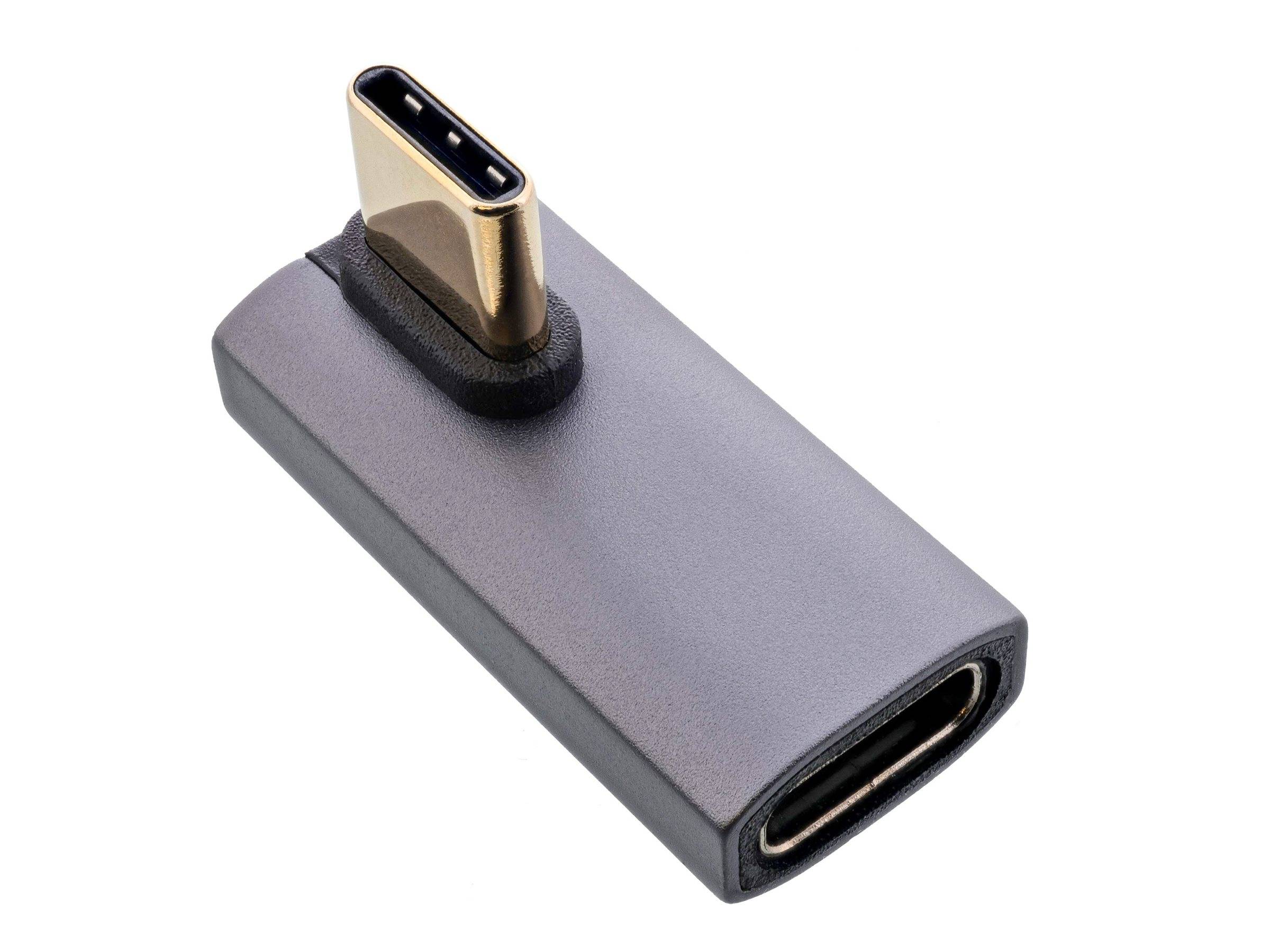Ein USB-C zu USB-C Adapter, der sein kompaktes Design mit metallischen Anschlüssen präsentiert, verwendet zum Verbinden von USB-C-Geräten.