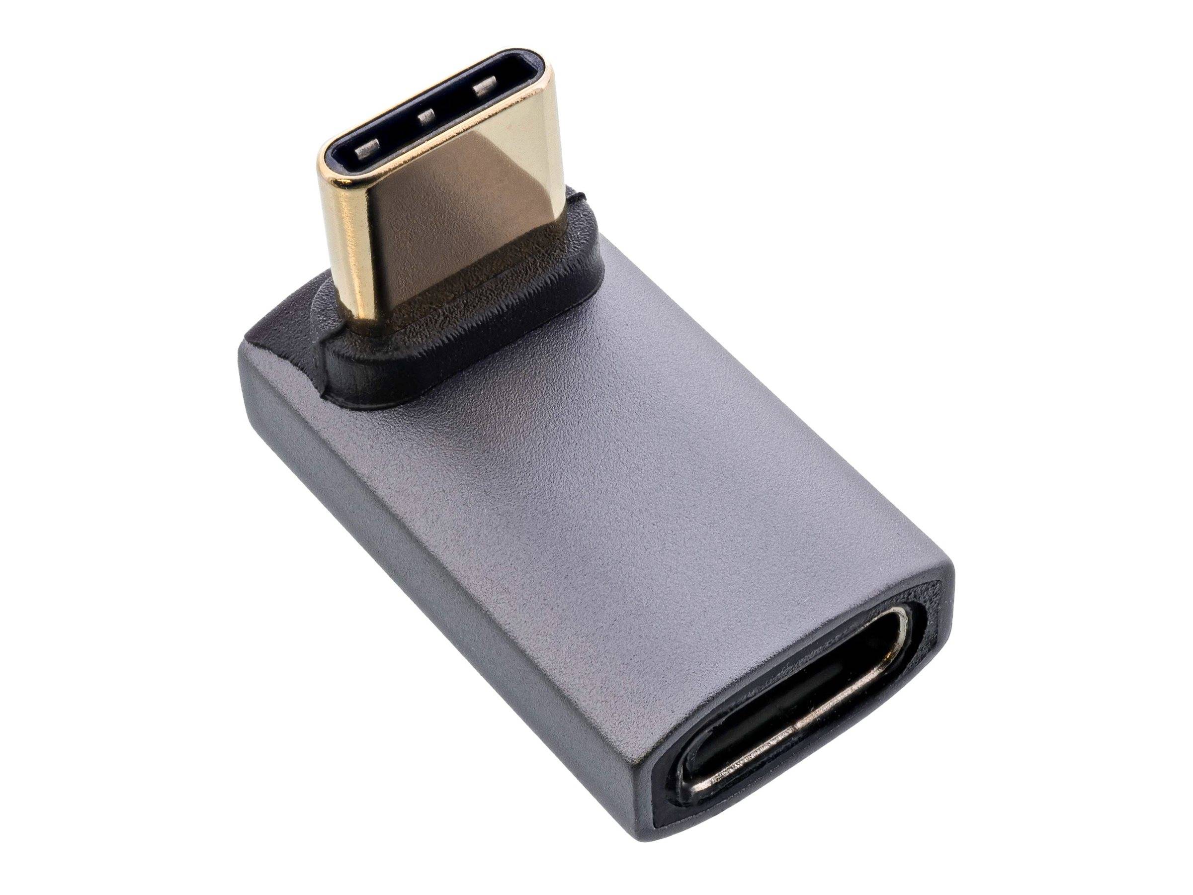 Ein grauer USB-Typ-C zu Typ-A Adapter mit kompaktem Design, ausgestattet mit einem USB-C-Stecker auf der einen und einem USB-A-Buchsenanschluss auf der anderen Seite.