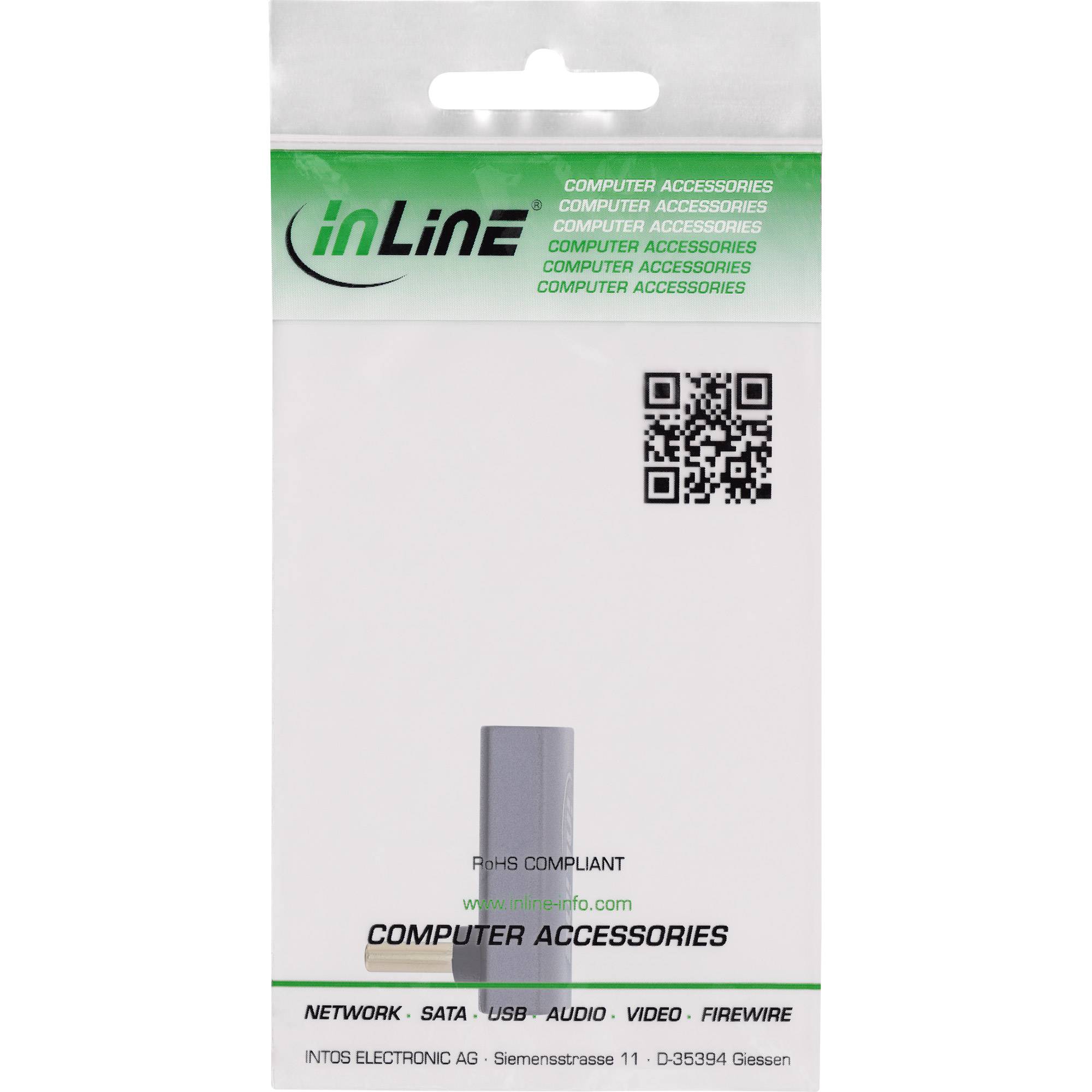 Verpackung für Computeraccessoires mit der Markenbezeichnung 'inLine', ausgestattet mit einem QR-Code. Zeigt Kompatibilität mit SATA-, USB-, Audio-, Video- und Netzwerkgeräten.