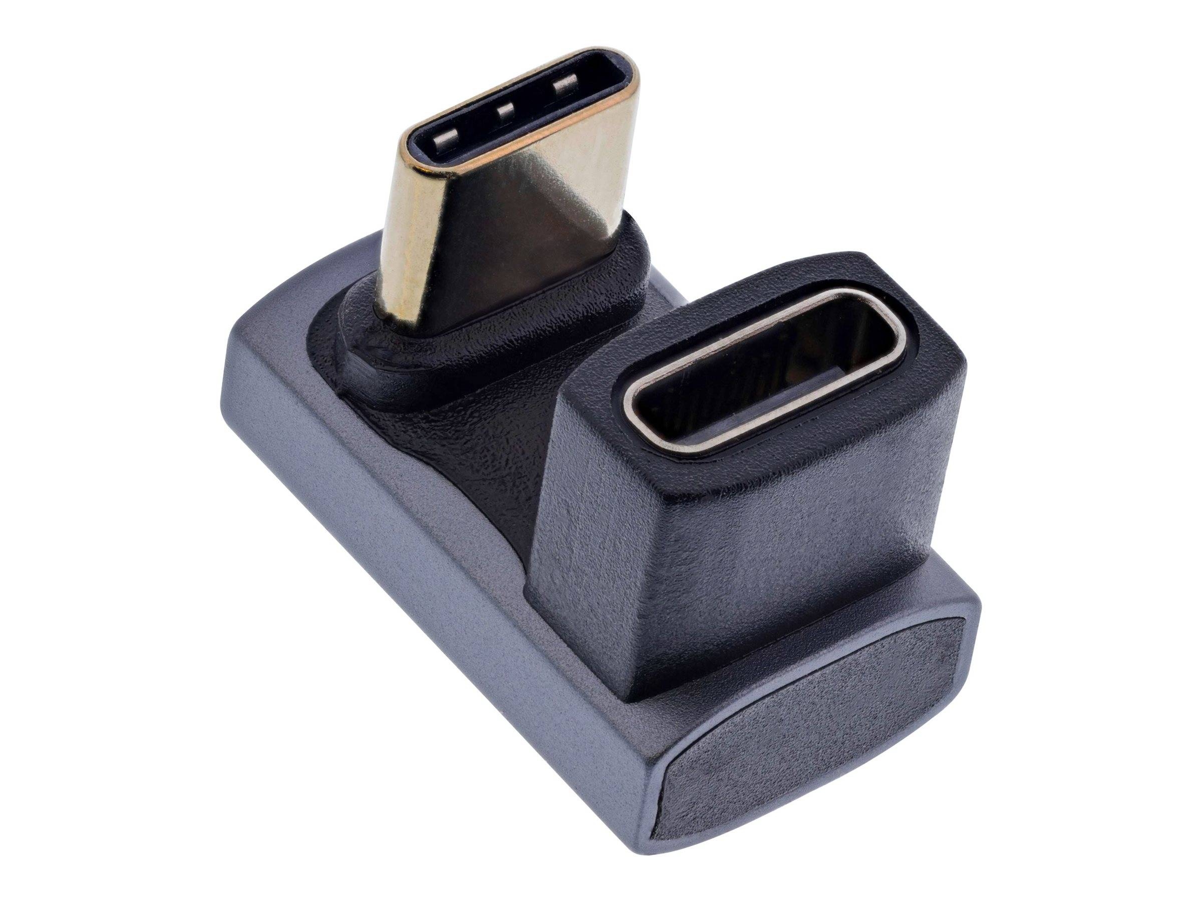 Ein USB-C Stecker- und Buchsenadapter mit einem schwarzen Gehäuse, der sowohl den männlichen Stecker als auch die weibliche Buchse nebeneinander zeigt.