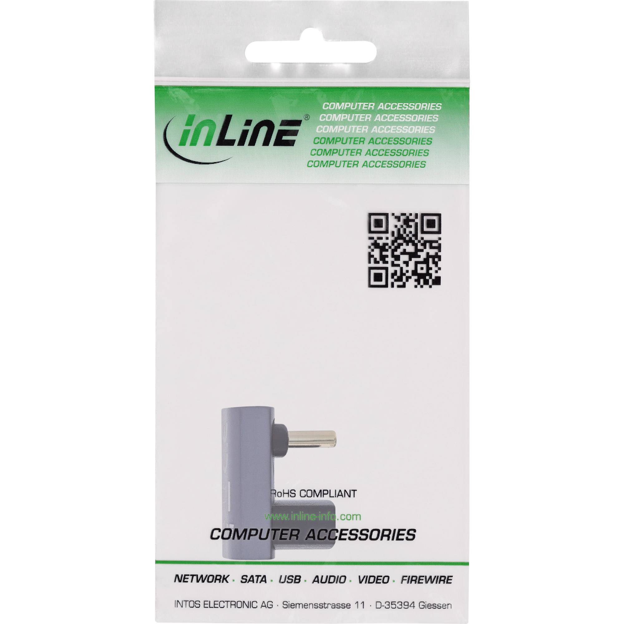 Verpackung für 'inLine' Computer-Zubehör mit grauem Adapter, QR-Code und Produktdetails. RoHS-konform.