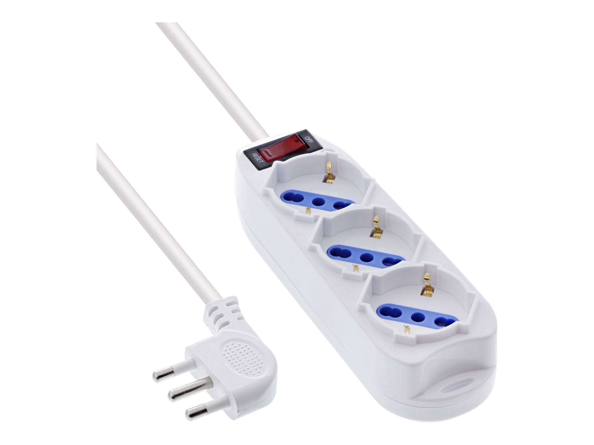 Ein weißes Steckdosenleiste mit drei blauen Steckdosen und einem roten Schalter ist zu sehen. Sie hat ein weißes Stecker mit drei runden Stiften an einem angeschlossenen Kabel.