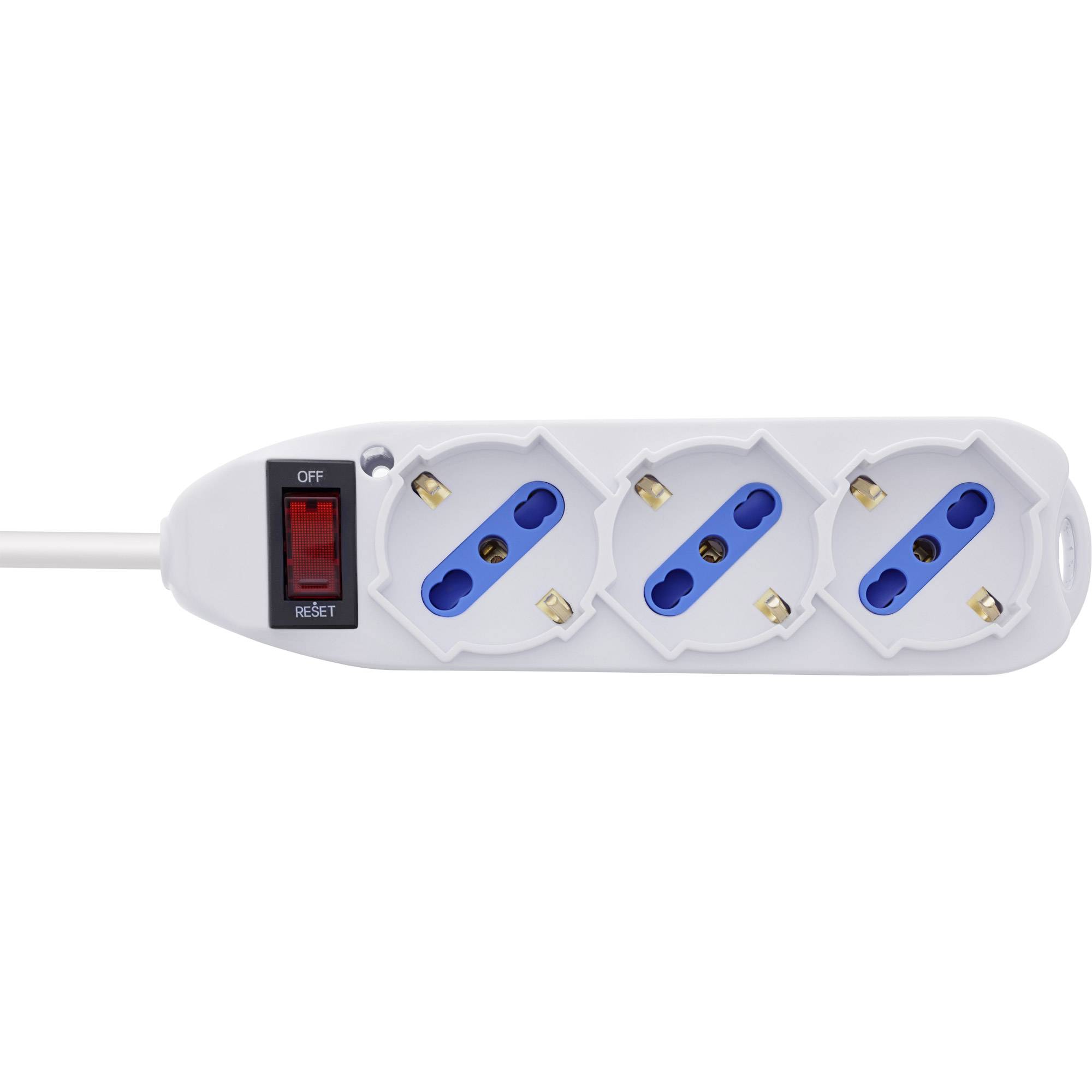 Ein weißer Steckerleiste mit drei blauen Steckdosen und einem roten Ein/Aus-Schalter auf der linken Seite.