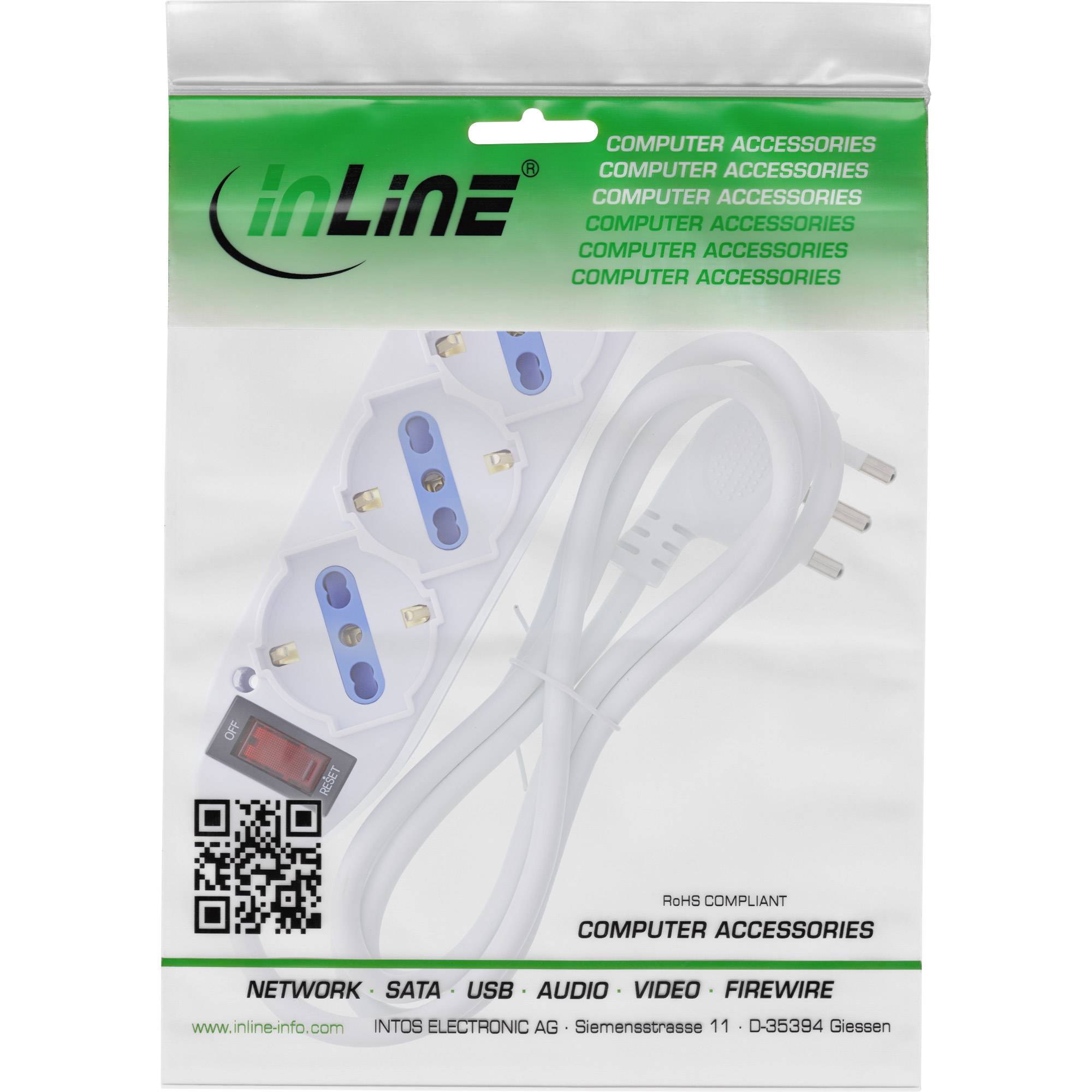 InLine Steckdosenleiste Verpackung mit fünf Steckdosen und Schalter. Enthält Netzwerk-, SATA-, USB-, Audio- und FireWire-Details.