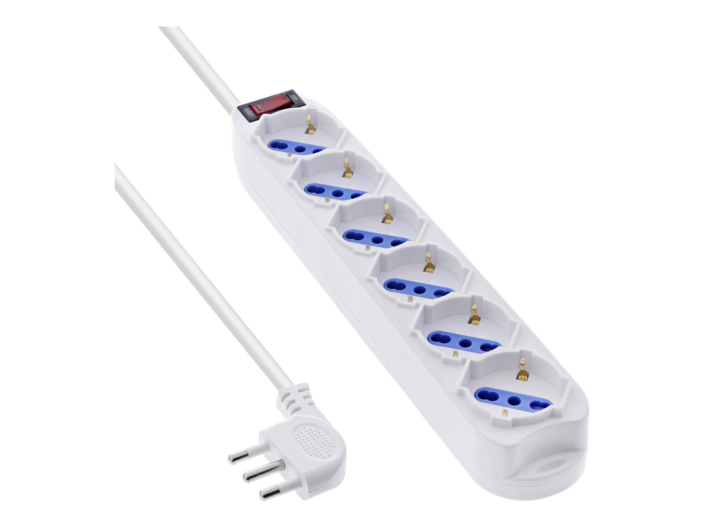 Eine weiße Mehrfachsteckdose mit sechs Steckplätzen, einem roten Ein-/Aus-Schalter und einem angeschlossenen Kabel mit einem abgerundeten Stecker.