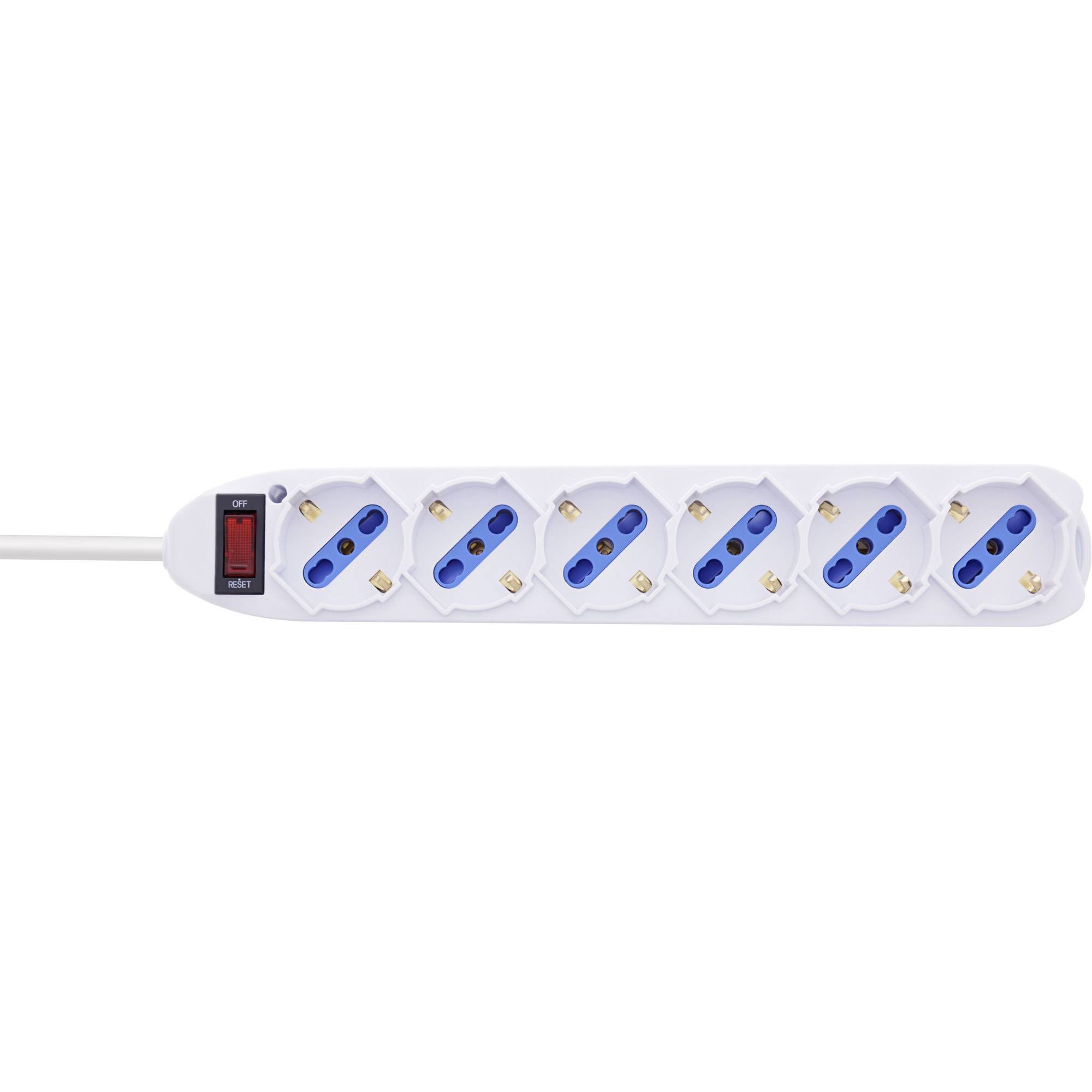Ein weißer Steckdosenleiste mit fünf blauen Steckdosen und einem roten Ein-/Aus-Schalter an der Seite.