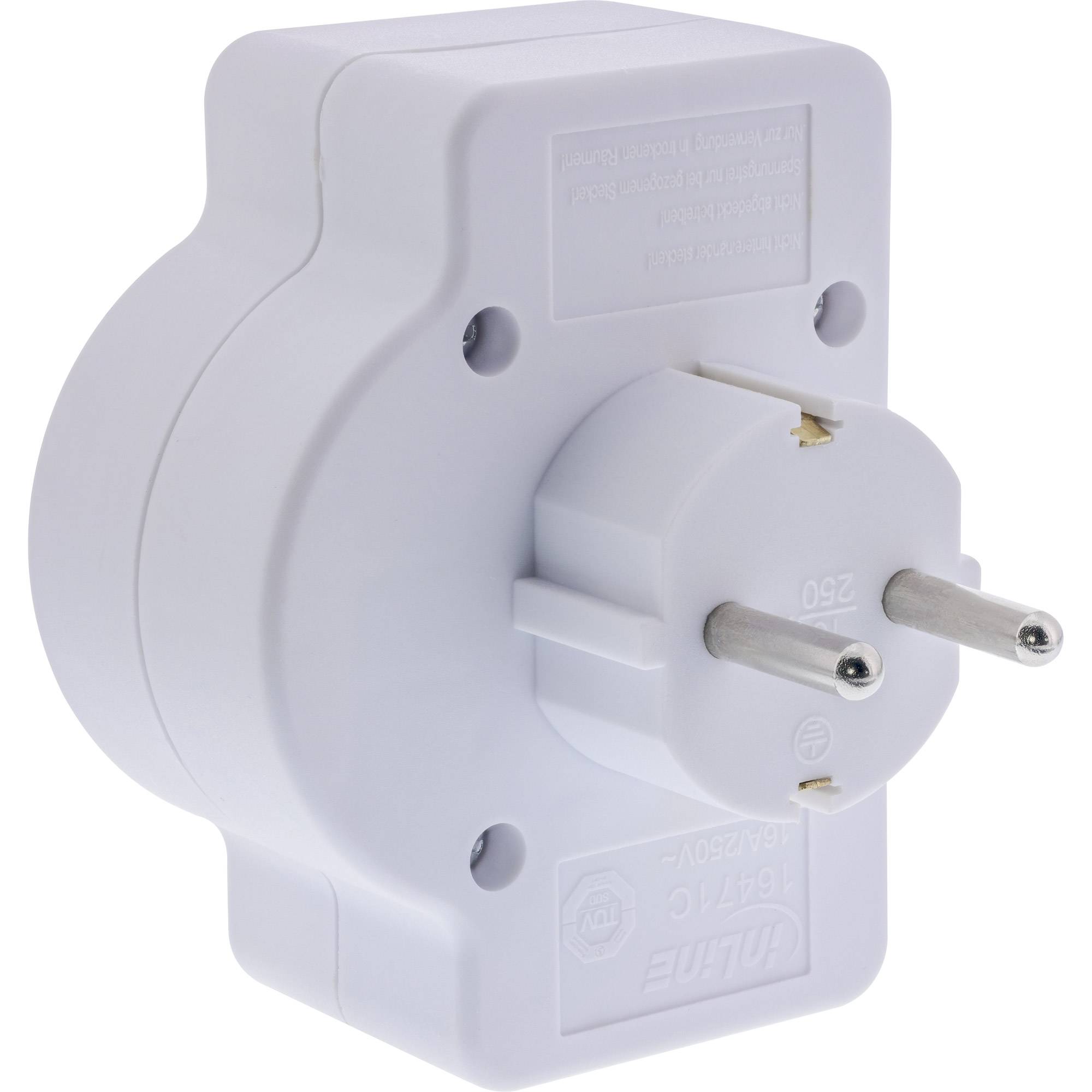 Ein weißer elektrischer Steckeradapter mit einem zweipinigen europäischen Stecker auf der einen Seite und einer Buchse auf der anderen Seite, der verwendet wird, um Geräte an Stromsteckdosen anzuschließen.