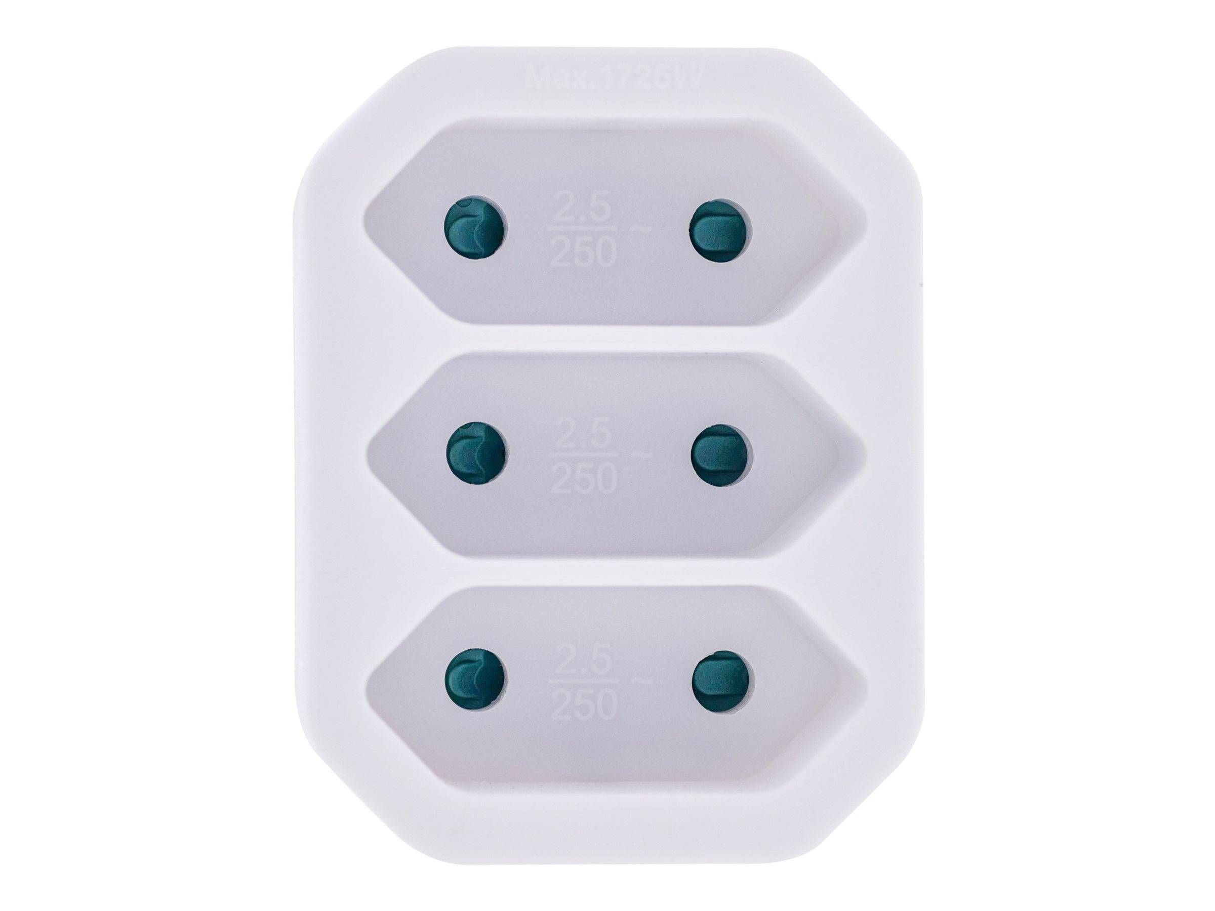 Weißer elektrischer Steckeradapter mit drei Steckdosen, mit '2.5 250V' beschriftet, für mehrere Steckertypen geeignet, von oben betrachtet.