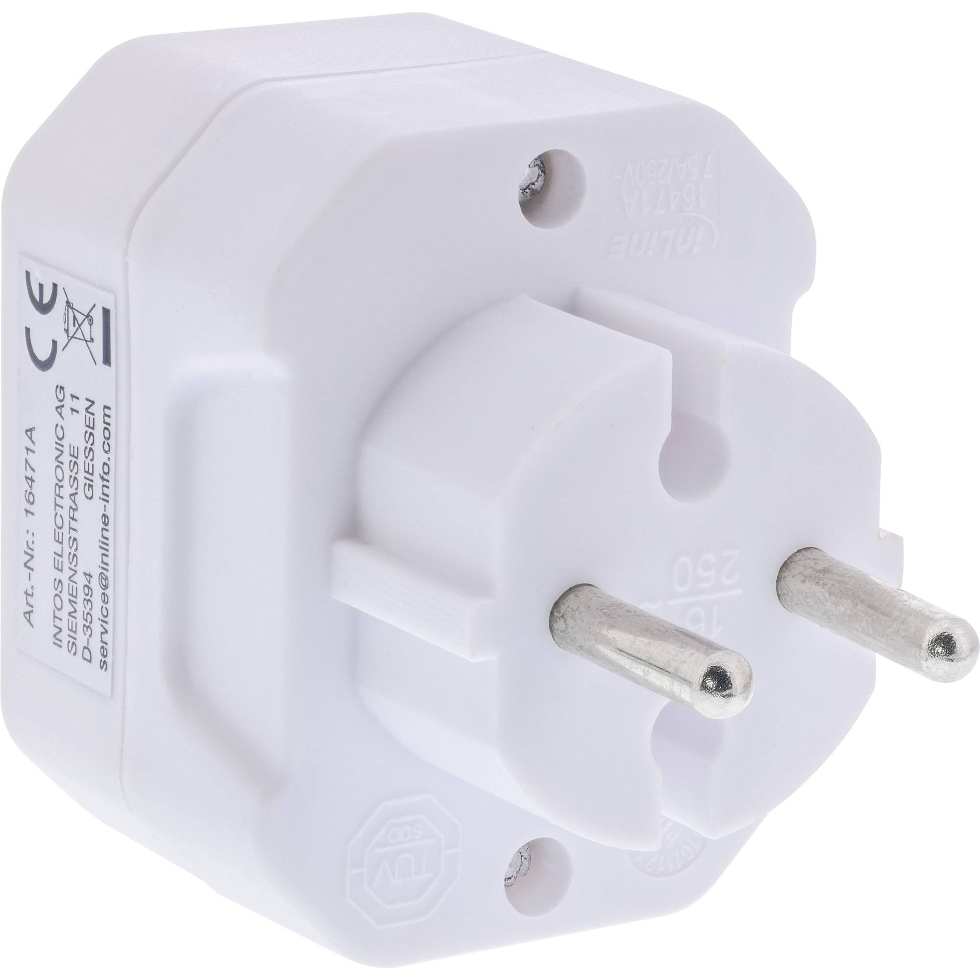 Ein weißer elektrischer Reise-Steckdosenadapter für europäische Steckdosen, ausgestattet mit zwei runden Stiften und Sicherheitszertifizierungsmarkierungen an seiner Basis.