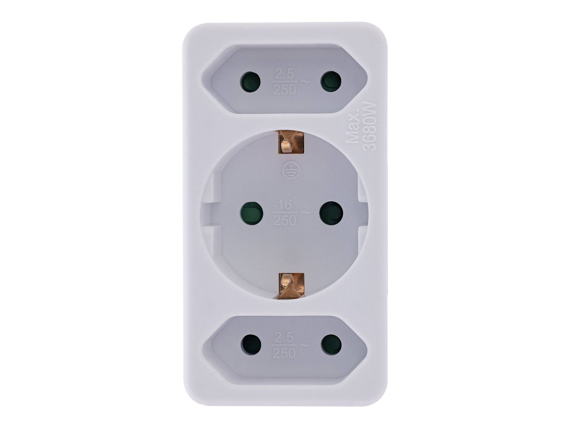 Ein weißer elektrischer Netzadapter mit einem zentralen und zwei seitlichen Anschlüssen, der mehrere Stecker ermöglicht, mit der Markierung 'Max 3680W'.
