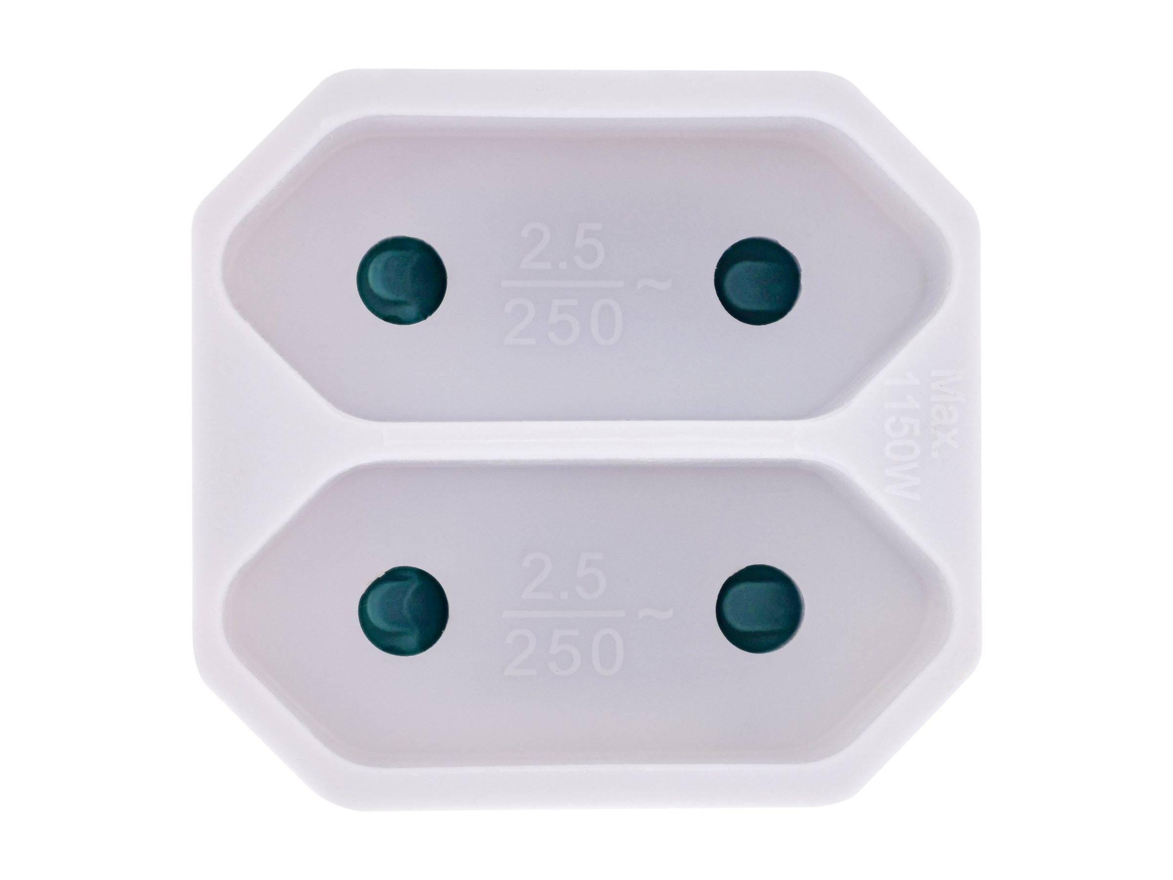 Weißer Dual-Socket-Elektro-Adapter mit zwei Sätzen runder Löcher, beschriftet mit '2,5 250~'. Maximale Leistungsaufnahme: 1500W.