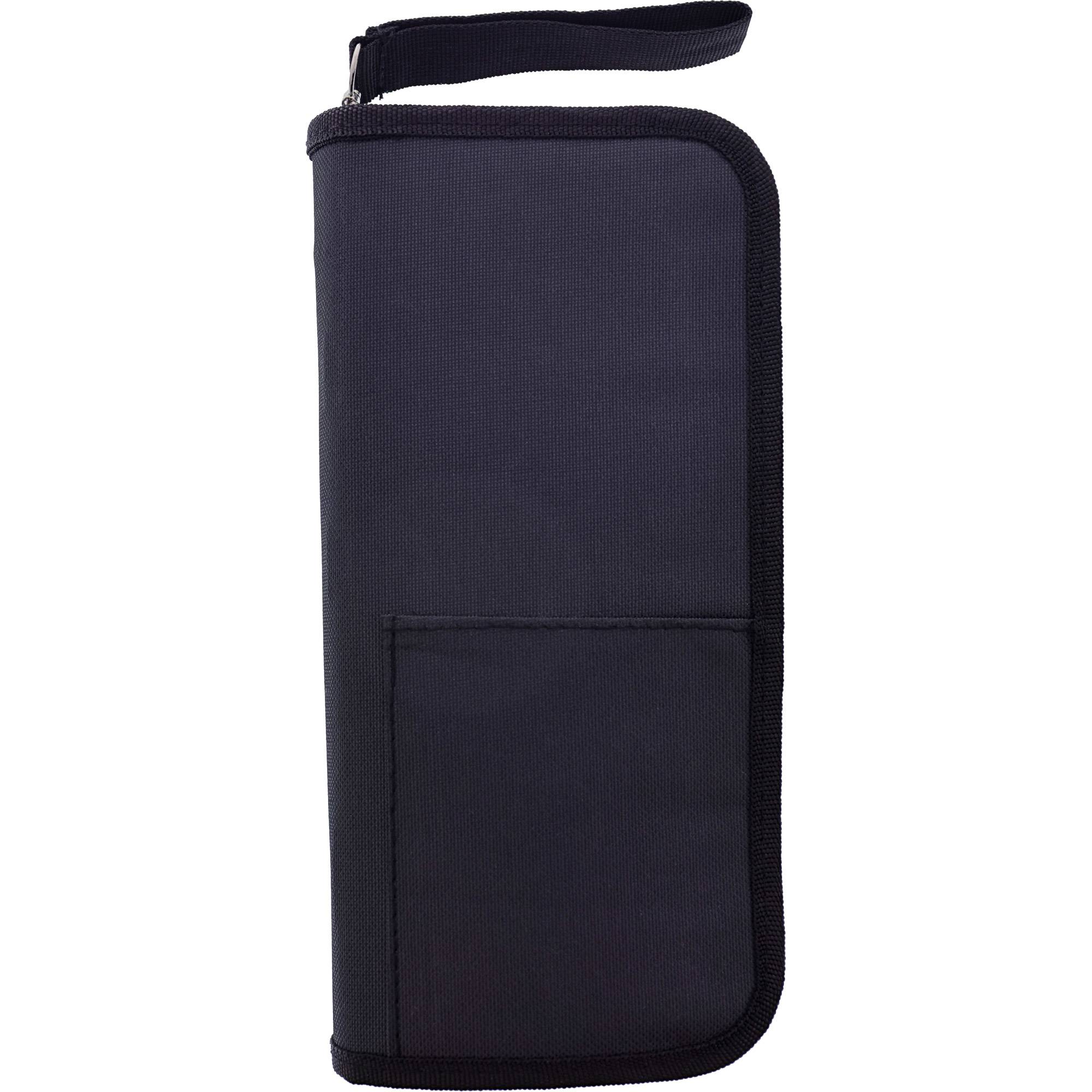 Eine schwarze Geldbörse mit Reißverschluss und Griff, ausgestattet mit einer Vordertasche, praktisch zum Transportieren von Reisedokumenten oder persönlichen Gegenständen.