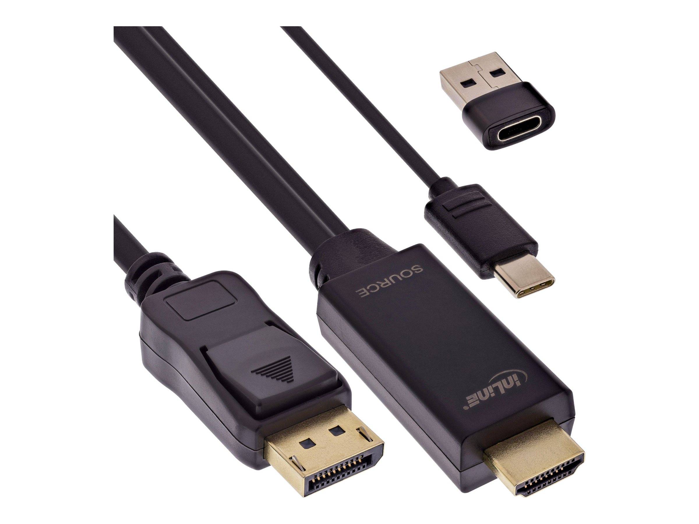 DisplayPort-zu-HDMI-Adapterkabel mit USB-C-Anschluss, die Anschlüsse und Stecker zeigen, verwendet zum Verbinden von Geräten mit unterschiedlichen Schnittstellen.