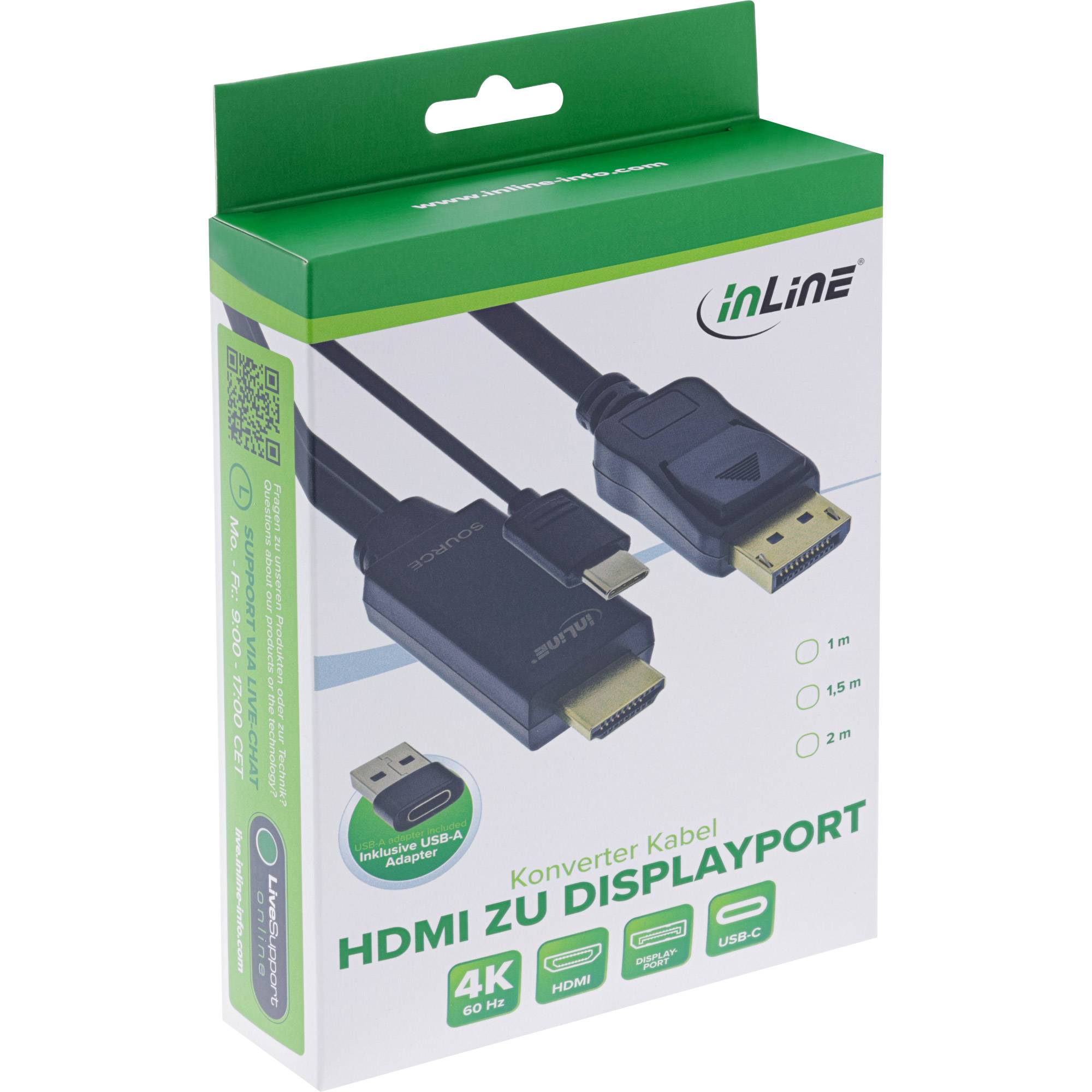 Verpackung für 'inLine' HDMI zu DisplayPort Konverterkabel. Merkmale beinhalten '4K 60 Hz', USB-A Anschluss für Stromversorgung, Kabellängen 1m, 1,5m und 2m.
