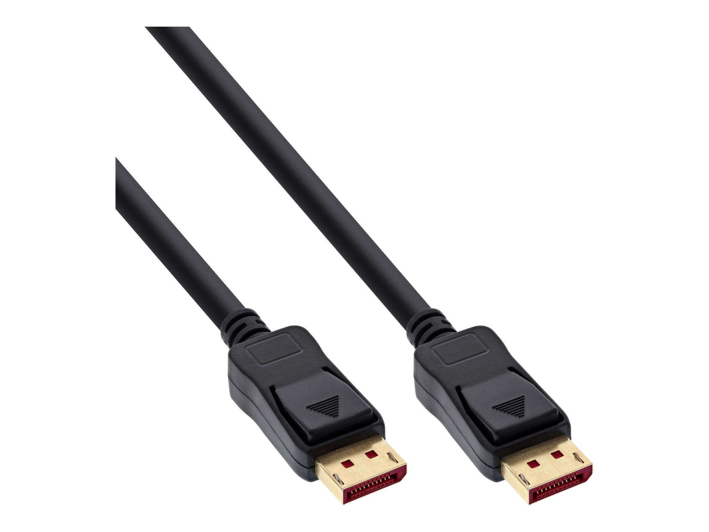 Ein schwarzes DisplayPort-Kabel mit vergoldeten Anschlüssen an beiden Enden, präsentiert vor einem schlichten weißen Hintergrund.