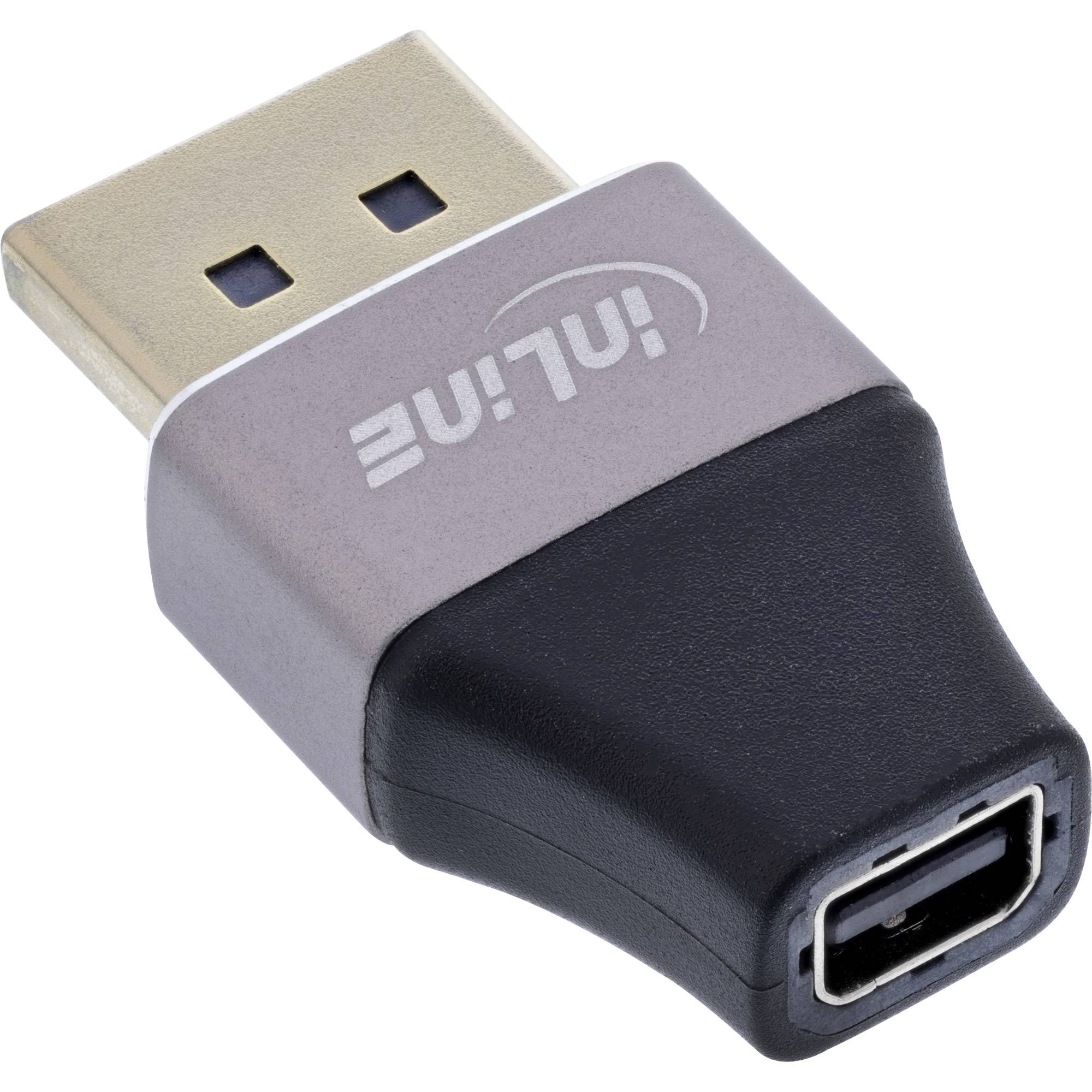 Schwarzer USB zu Mini USB Adapter, silbernes Gehäuse, Markenlogo 'InLine' an der Seite, verwendet zum Anschluss von USB-Geräten mit Mini-USB-Anschlüssen.
