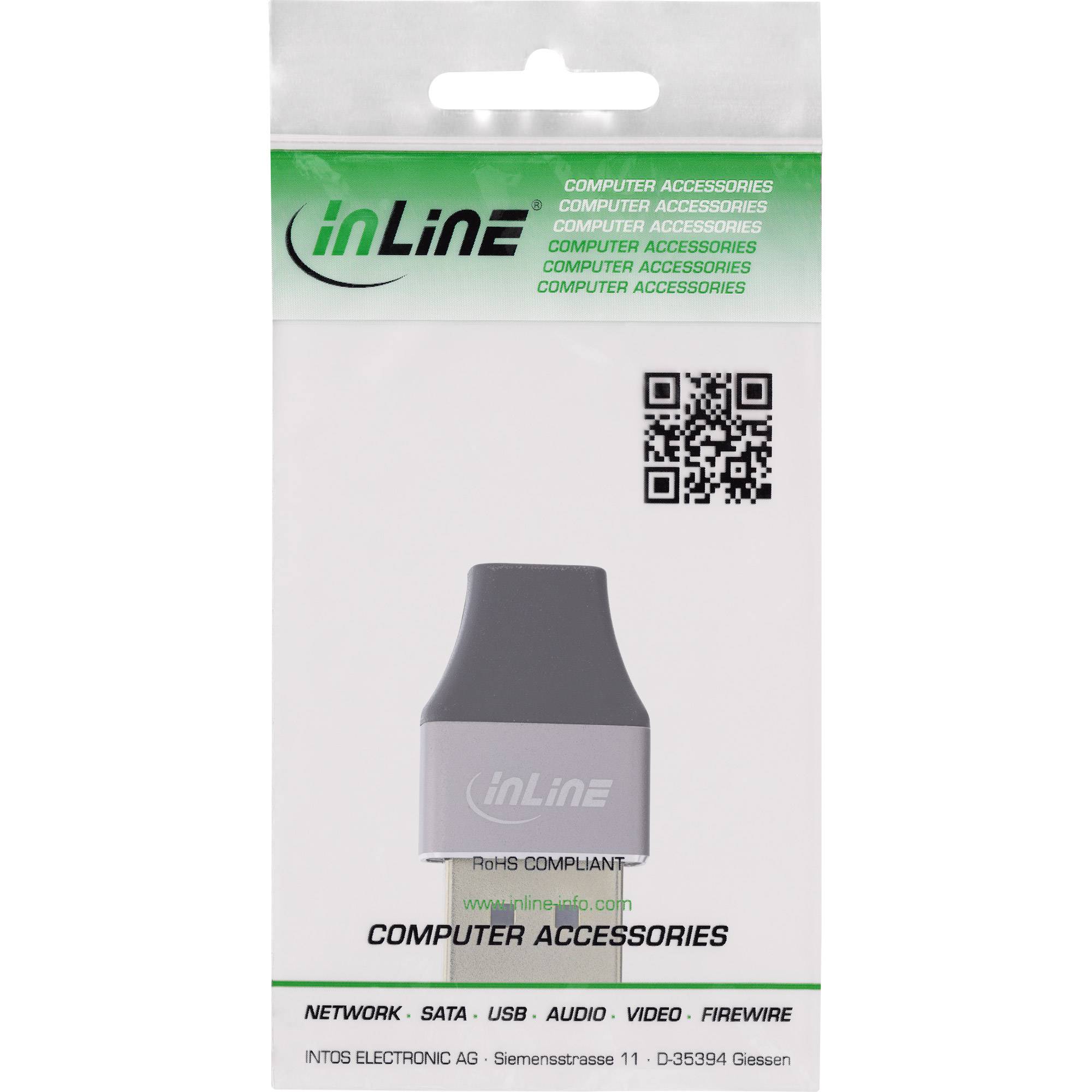 Verpackungsbild eines 'inLine' Computerubehörs mit Barcode. Die Verpackung enthält Text: 'Computer-Zubehör' und Firmendetails.