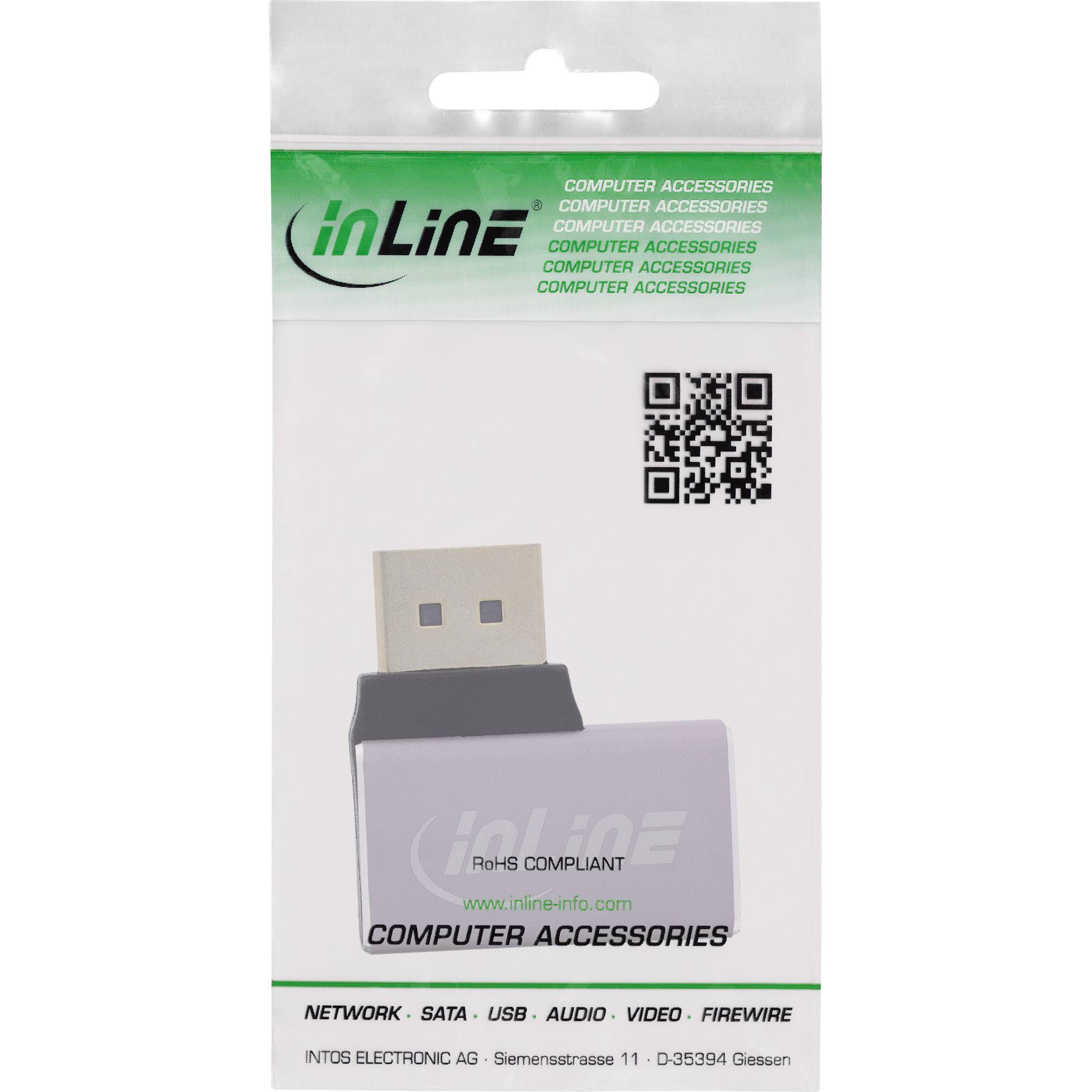 InLine' USB-Adapter-Verpackung mit Markenlogo und QR-Code, gekennzeichnet als RoHS-konform. Enthält Firmendetails und den Hinweis 'Computer-Zubehör'.