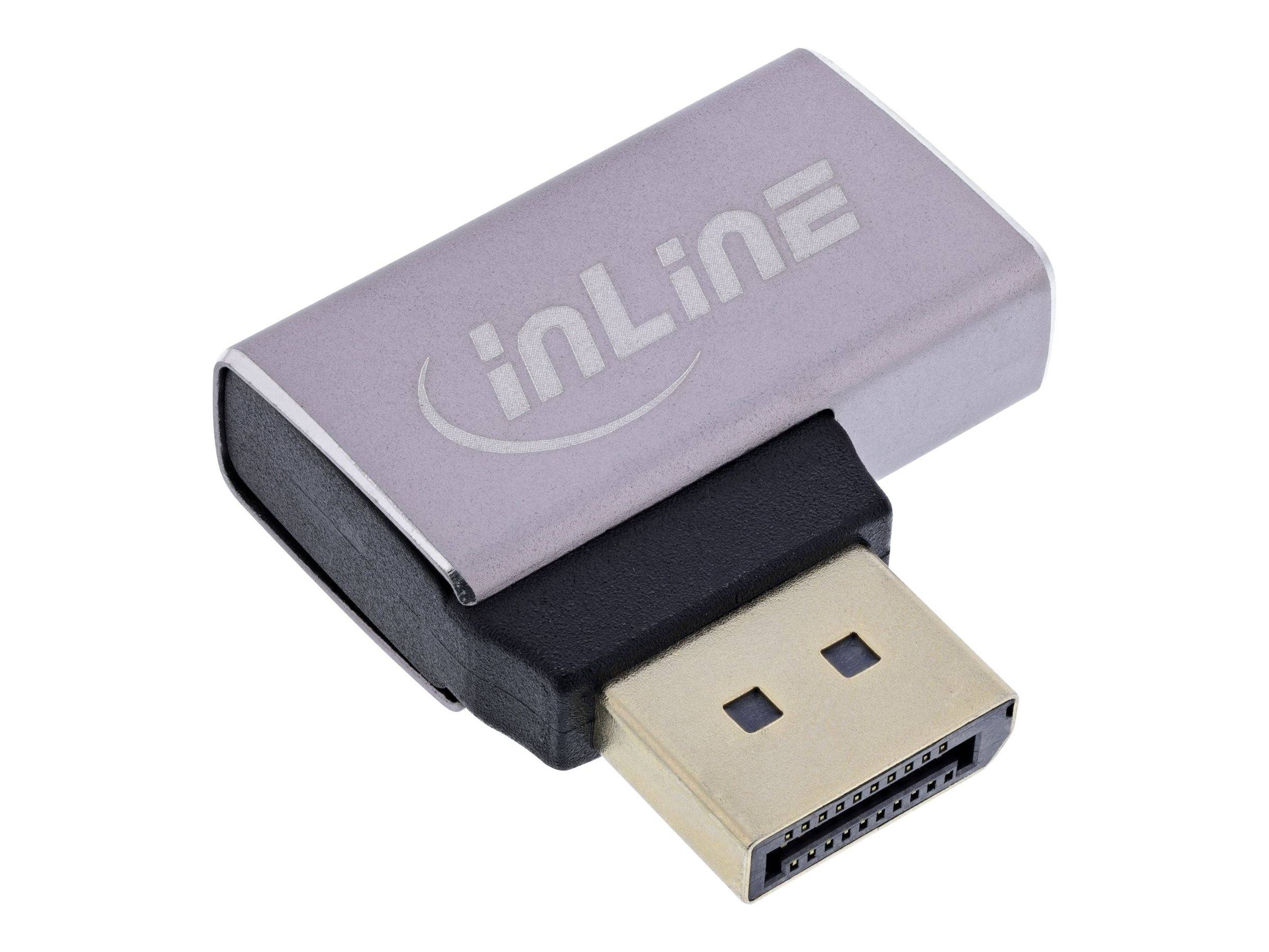 Ein kleiner, metallischer HDMI-Adapter mit geschwungener Gestaltung, auf dessen Oberfläche das Wort 'inLine' zu sehen ist, verwendet zum Anschluss von HDMI-Geräten.