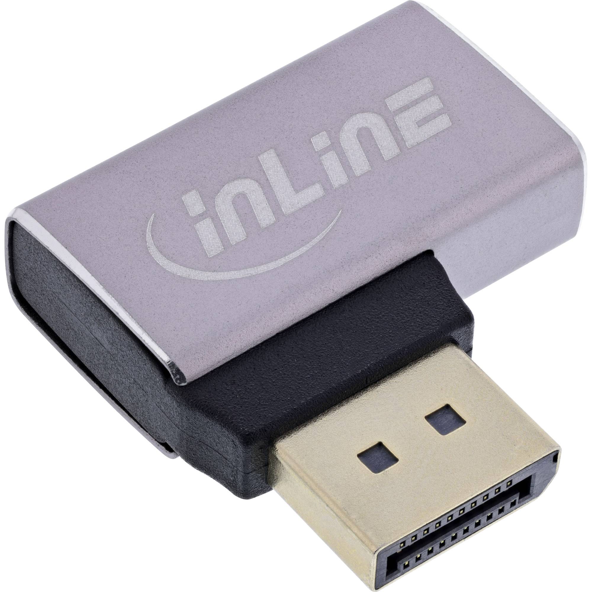Ein silber-schwarzer DisplayPort-Adapter mit dem 'inLine'-Logo. Der Adapter ist gewinkelt, wobei die Anschluss-Kontakte deutlich sichtbar sind.