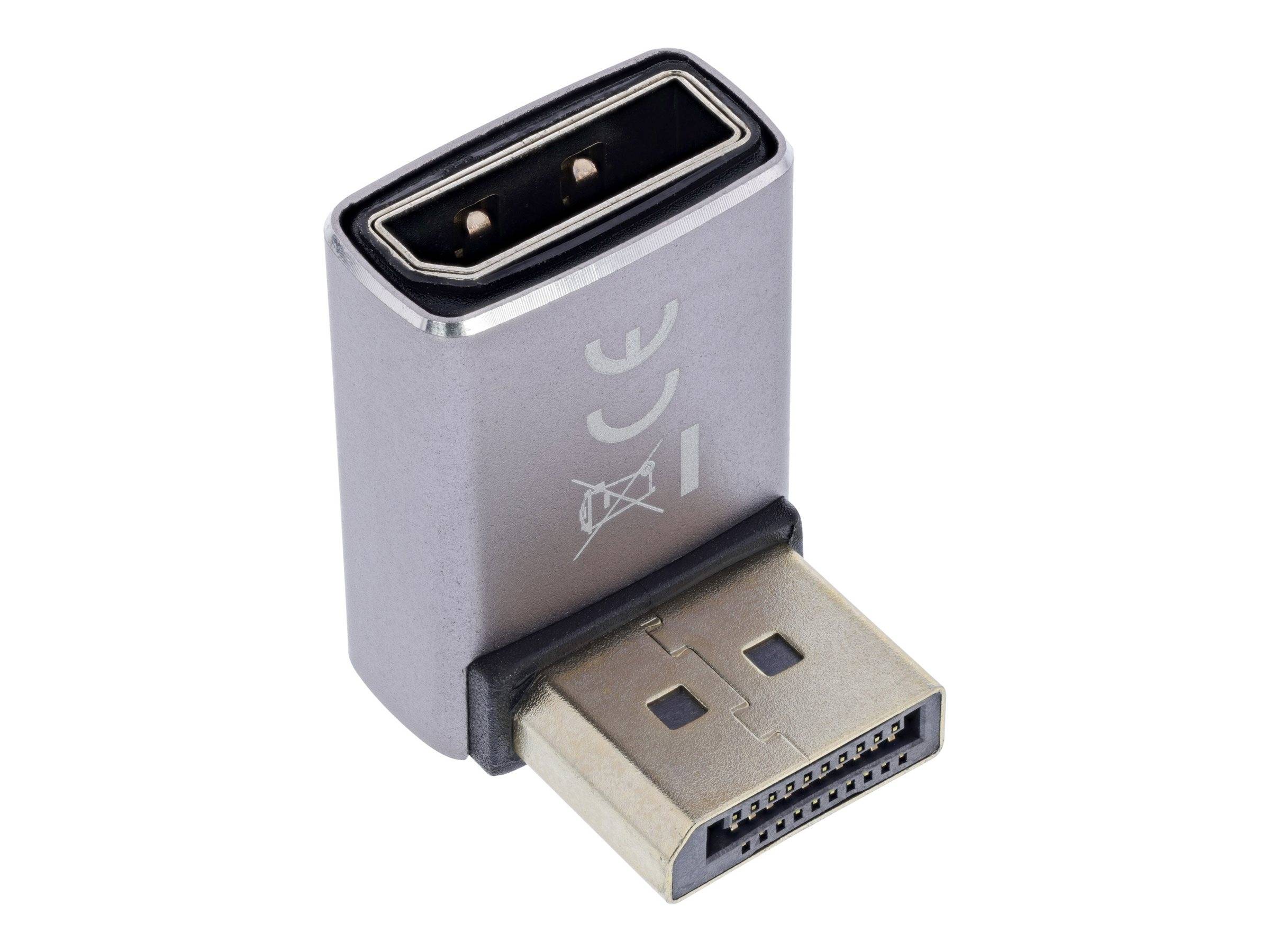 Ein Nahaufnahmefoto eines silbernen USB zu DisplayPort Adapters, der die Anschlüsse zeigt.