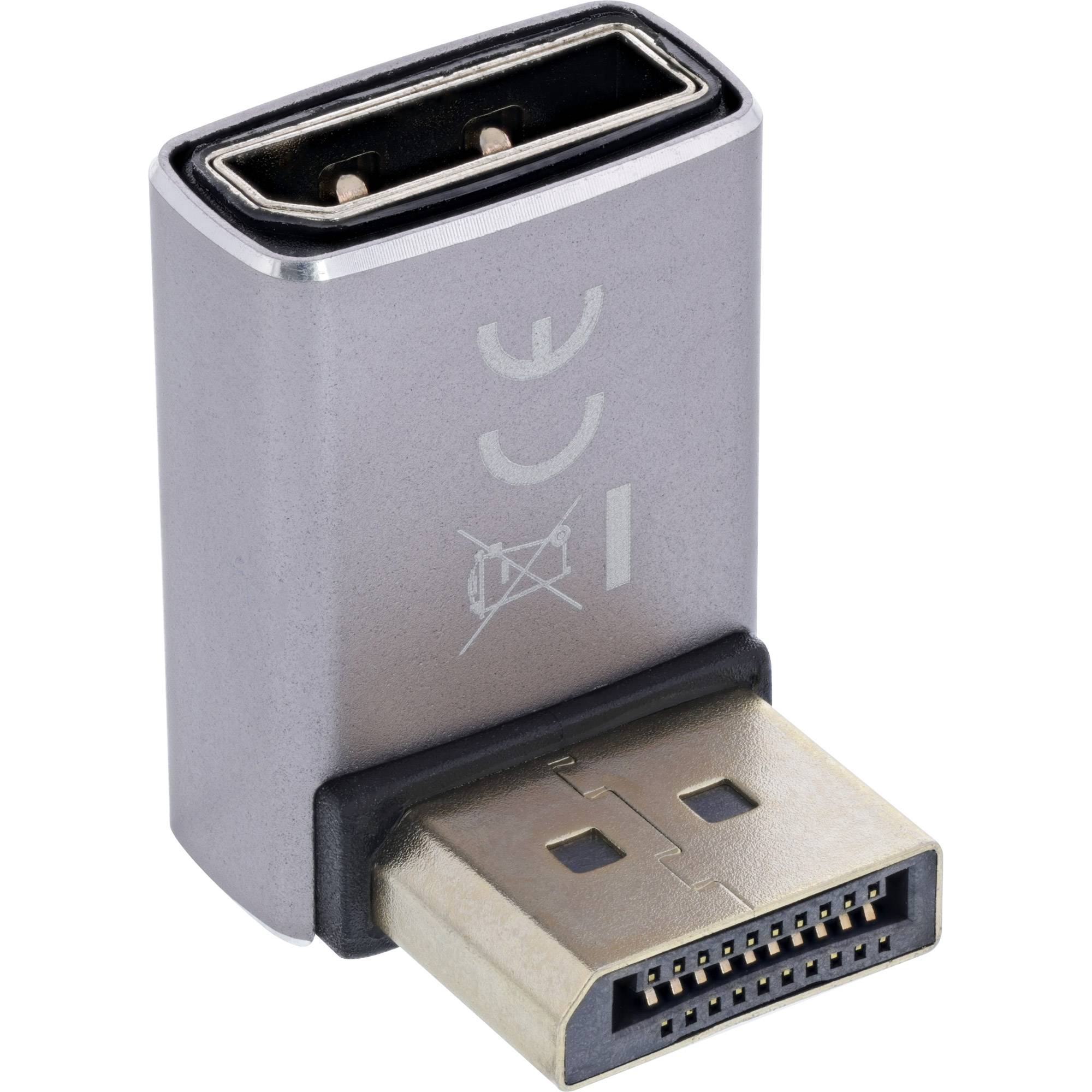 Ein DisplayPort-zu-HDMI-Adapter, silberfarben, wird gezeigt. Er verfügt an einer Seite über einen DisplayPort-Stecker männlicher Bauart und an der anderen Seite über einen HDMI-Anschluss weiblicher Bauart.