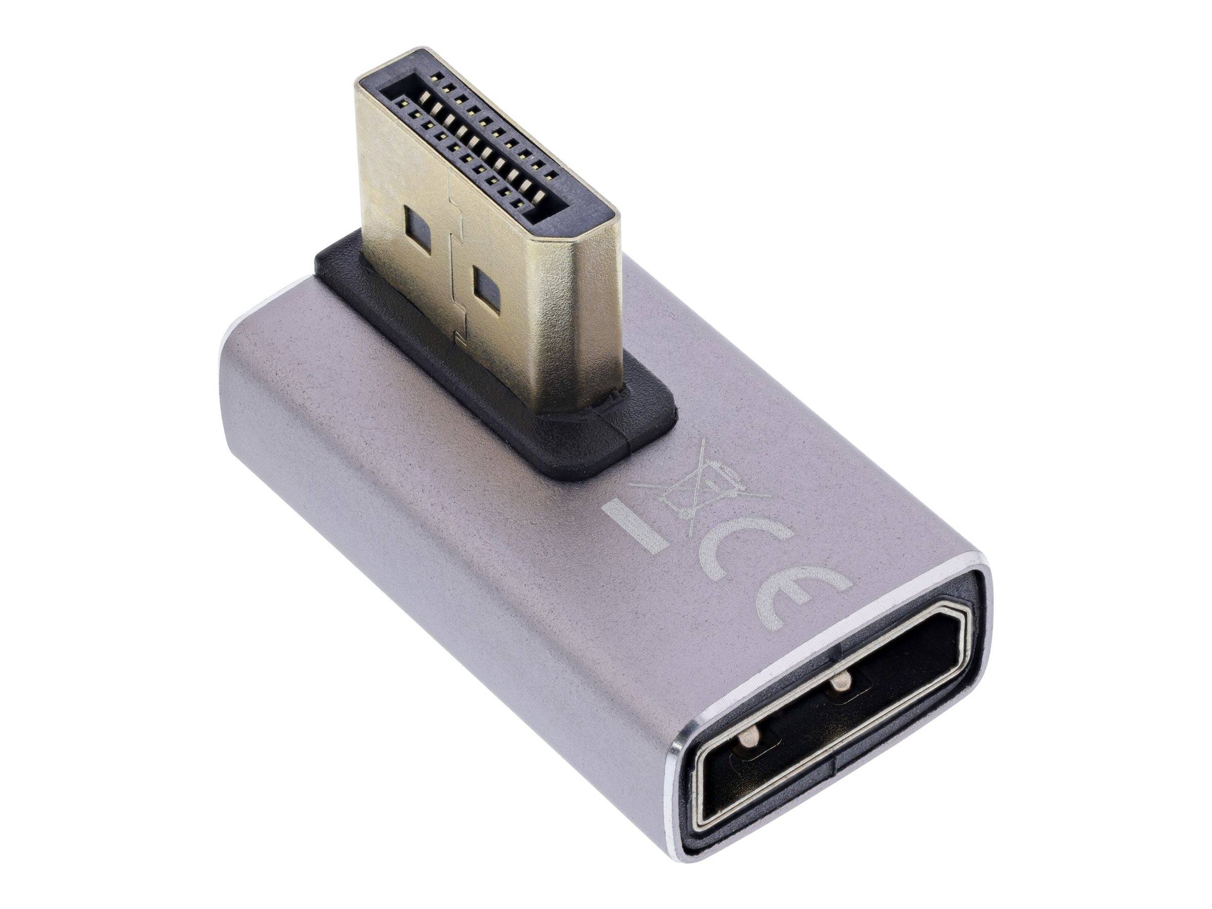 Ein DisplayPort-zu-HDMI-Adapter, der das HDMI-Ende unten und den DisplayPort-Anschluss oben zeigt, wird zum Verbinden von Geräten verwendet.
