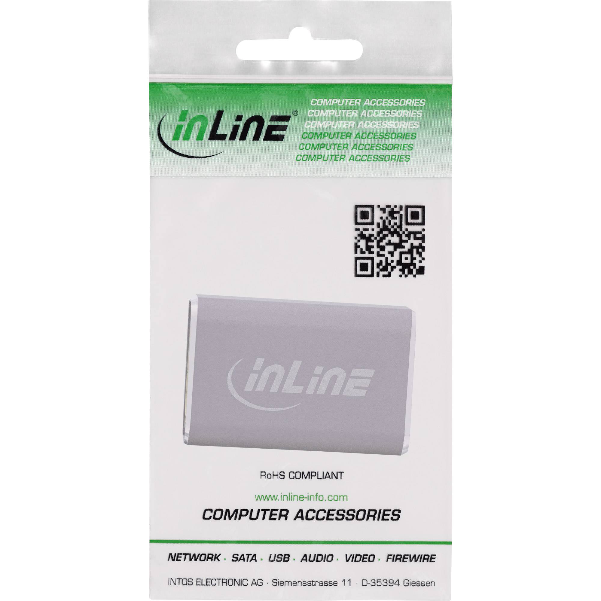Verpackung für ein 'inLine' Computer-Zubehör mit USB-Geräteabbildung, QR-Code und Text: 'RoHS-konform', 'www.inline-info.com'.