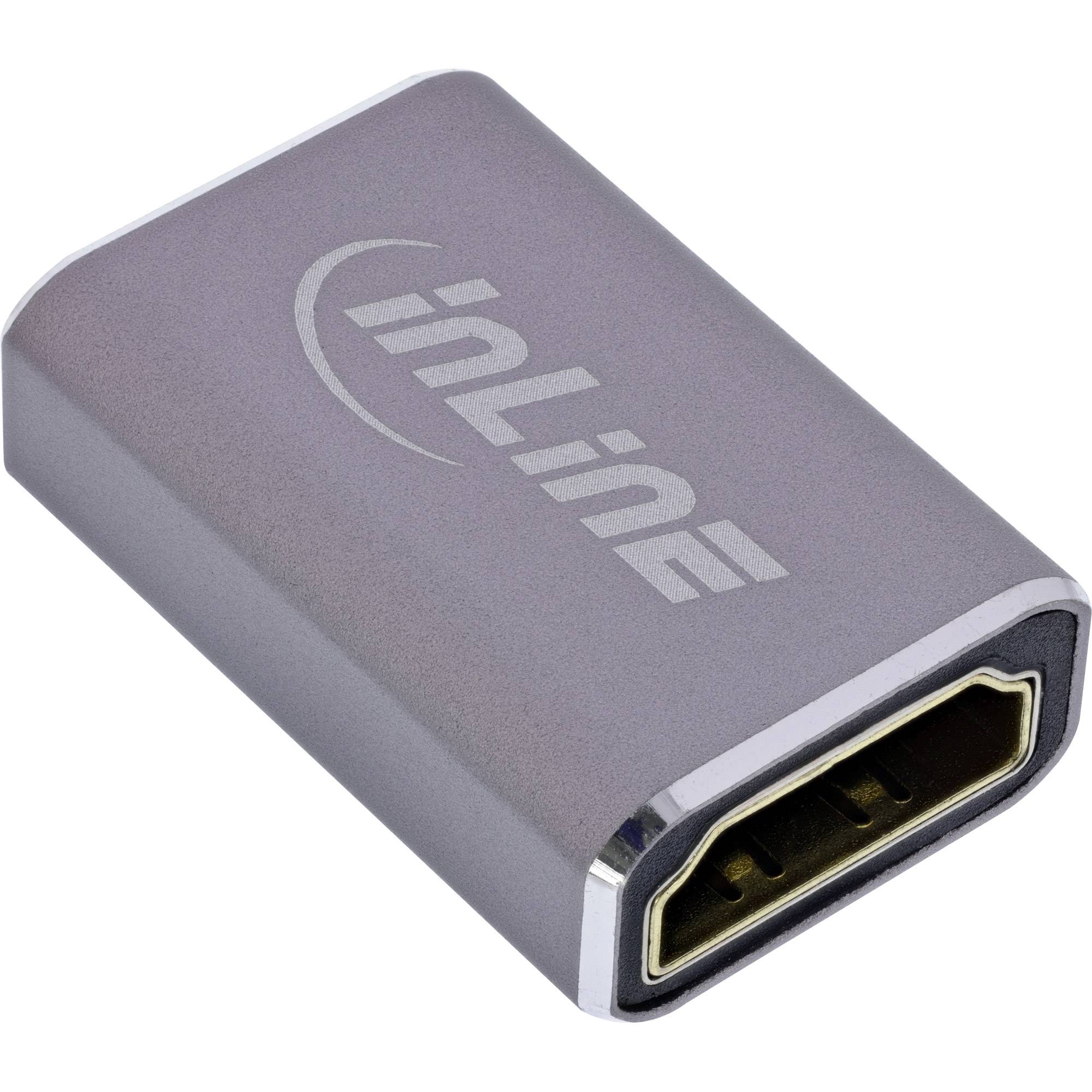 Ein kleiner, rechteckiger, grauer HDMI-Adapter mit der Markenbezeichnung "inLine"" auf seiner Oberfläche.