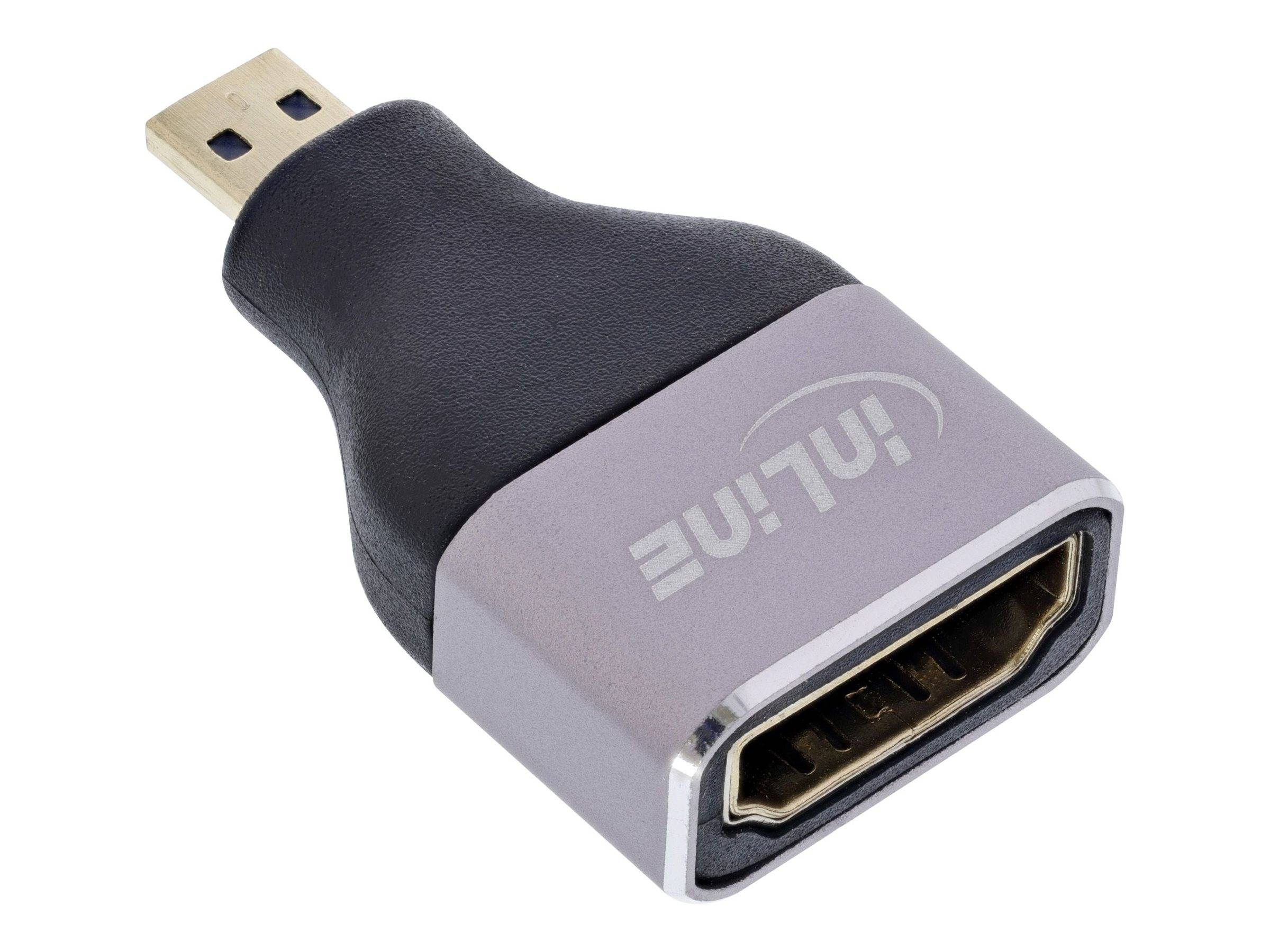 Ein schwarzer und silberner HDMI-Adapter mit 'InLine' Logo, der an einem Ende einen Micro-HDMI-Stecker und am anderen Ende einen Standard-HDMI-Buchse zeigt.