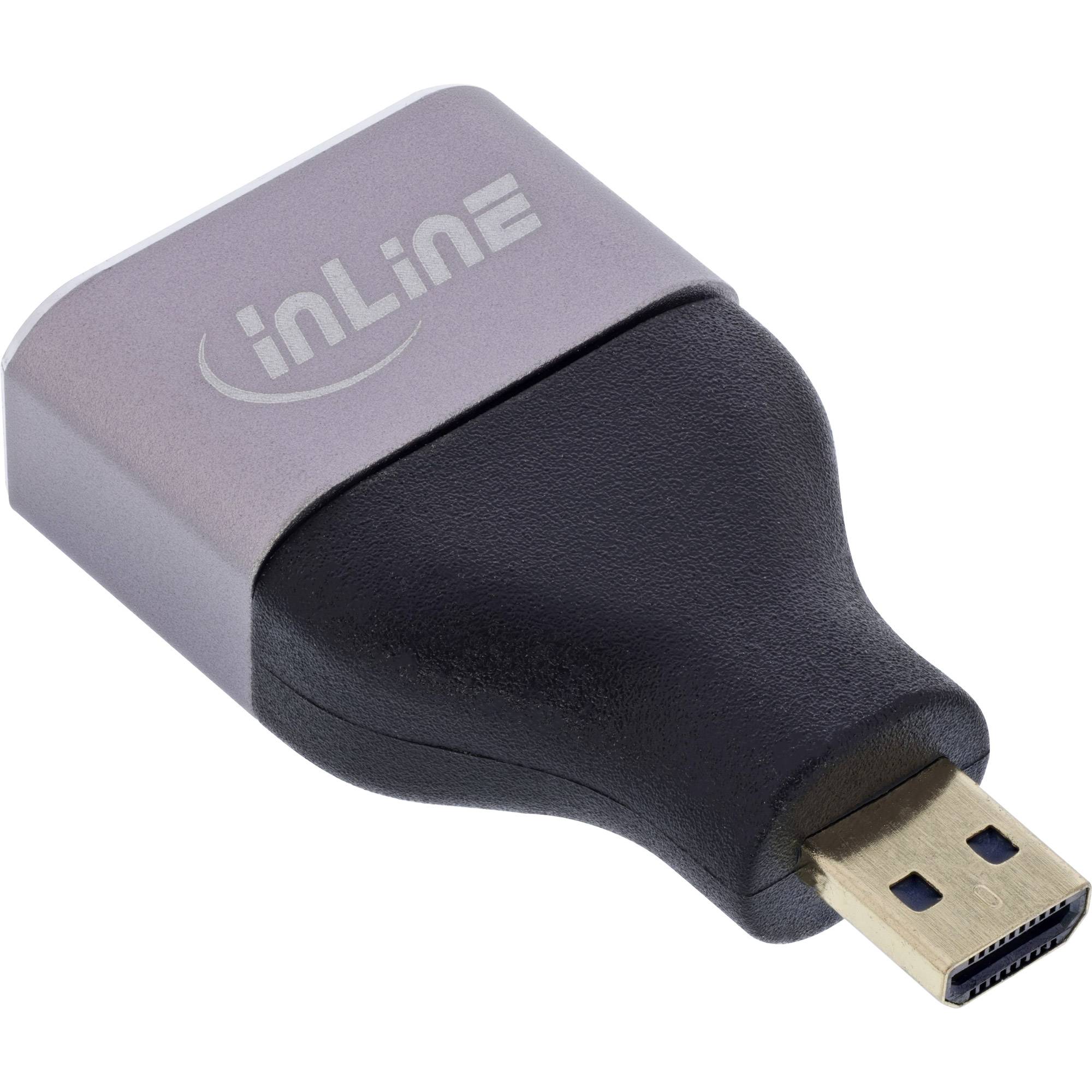 Ein kompakter HDMI-Adapter mit einem Gehäuse aus Metall und schwarzem Kunststoff, auf dem das 'inLINE'-Logo zu sehen ist, verwendet zur Verbindung digitaler Geräte.