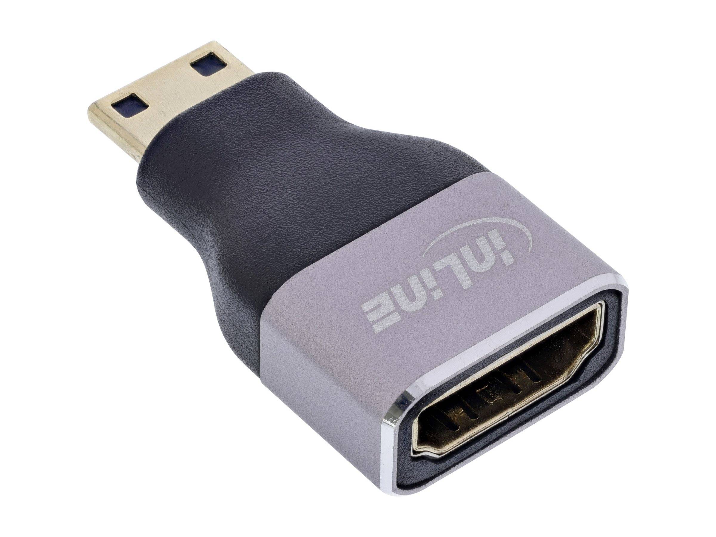 Ein kleiner HDMI-Adapter mit einem 'InLine'-Logo wandelt eine männliche Micro-HDMI-Verbindung in einen weiblichen HDMI-Anschluss um, geeignet für Geräteverbindungen.