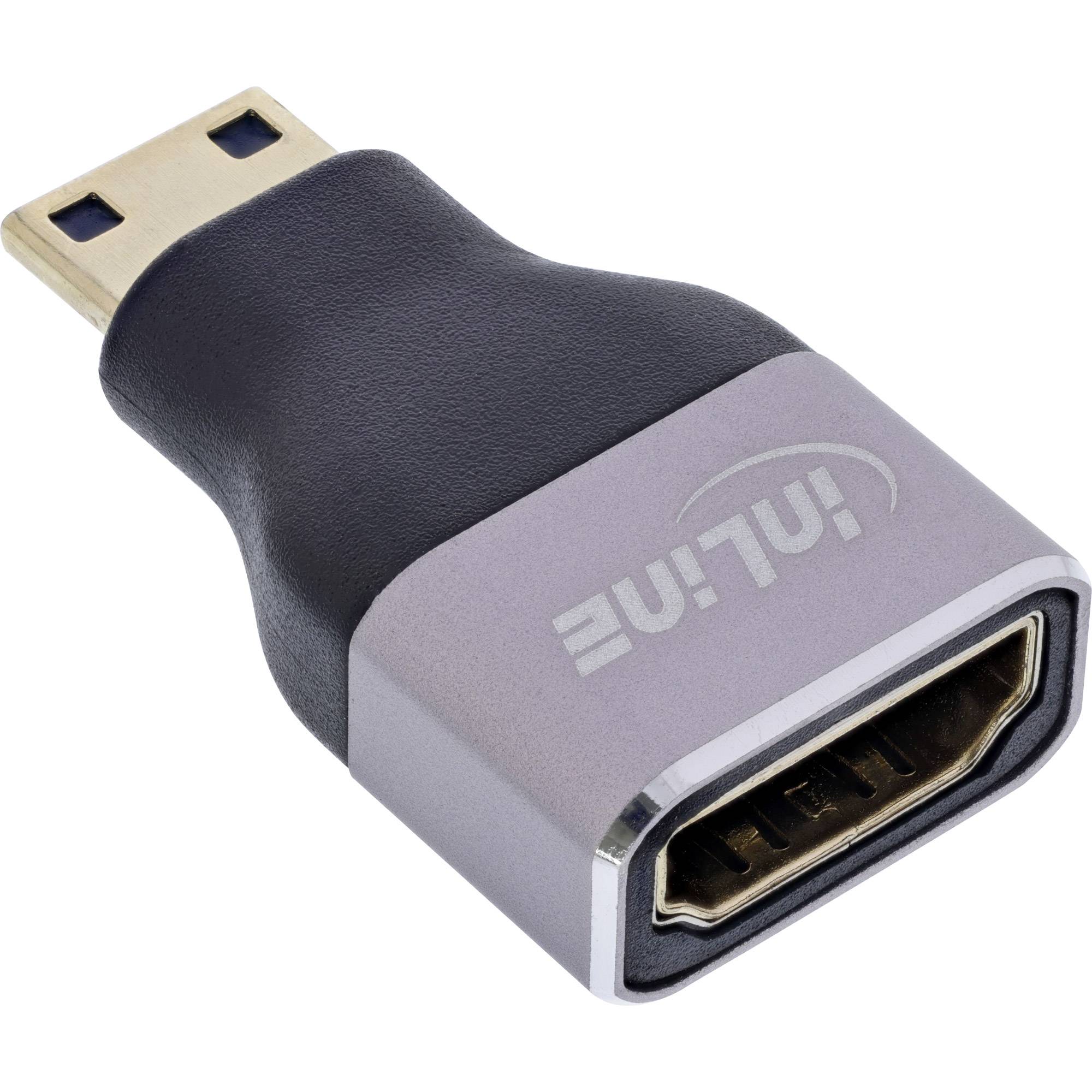 Ein HDMI-Adapter mit einem vergoldeten männlichen USB-C-Stecker und einem weiblichen HDMI-Anschluss, der zum Verbinden von Geräten mit Bildschirmen verwendet wird.