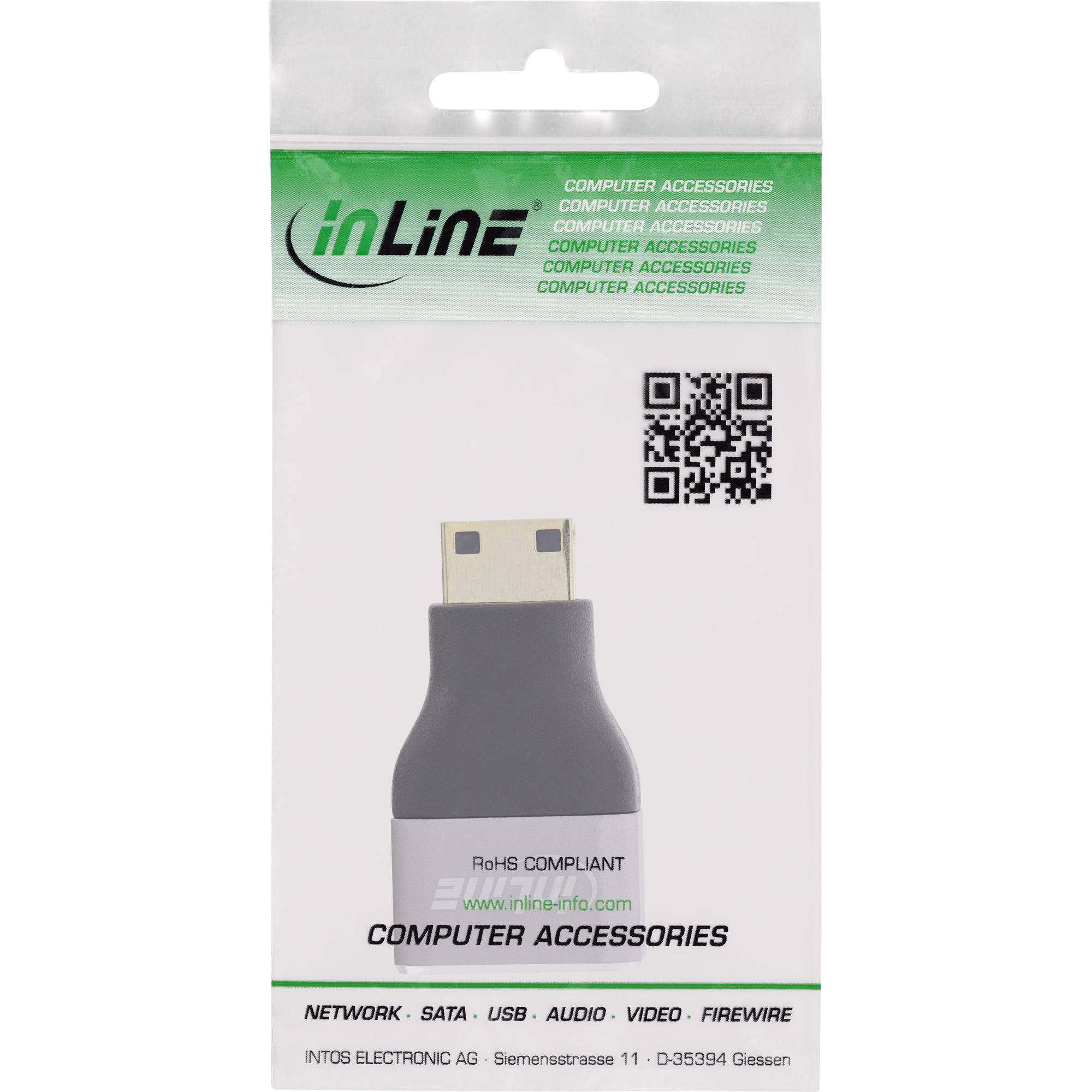 Ein Paket mit 'inLine' Computer-Zubehör, ausgestattet mit einem USB-Anschluss. Der Text erwähnt 'RoHS-konform' und enthält einen QR-Code.