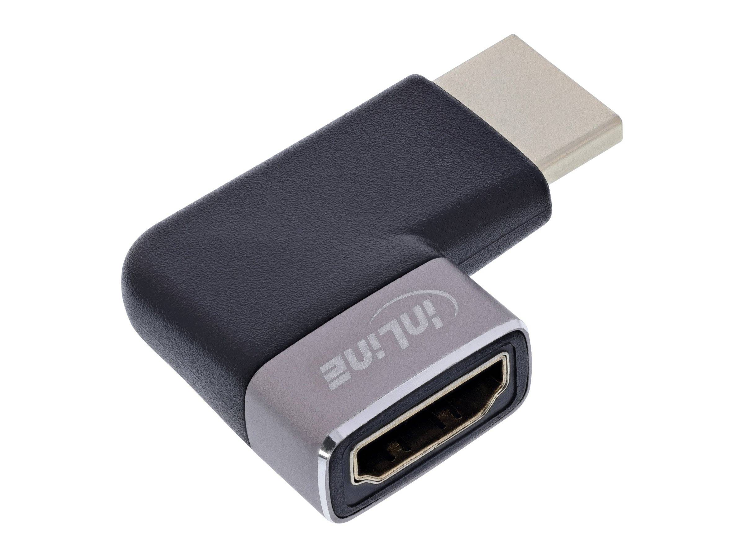 HDMI-Winkeladapter, schwarz und silber, zum Anschluss von HDMI-Kabeln in beengten Räumen, mit männlichen und weiblichen Anschlüssen.