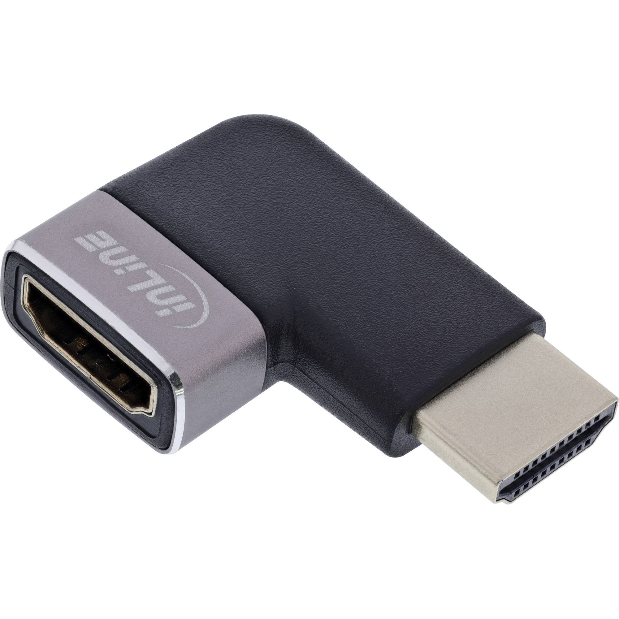 Ein HDMI-Winkeladapter mit einer metallic silber-schwarzen Oberfläche, der einen HDMI-Anschluss auf der einen Seite und eine Anschlussöffnung auf der anderen Seite zeigt.