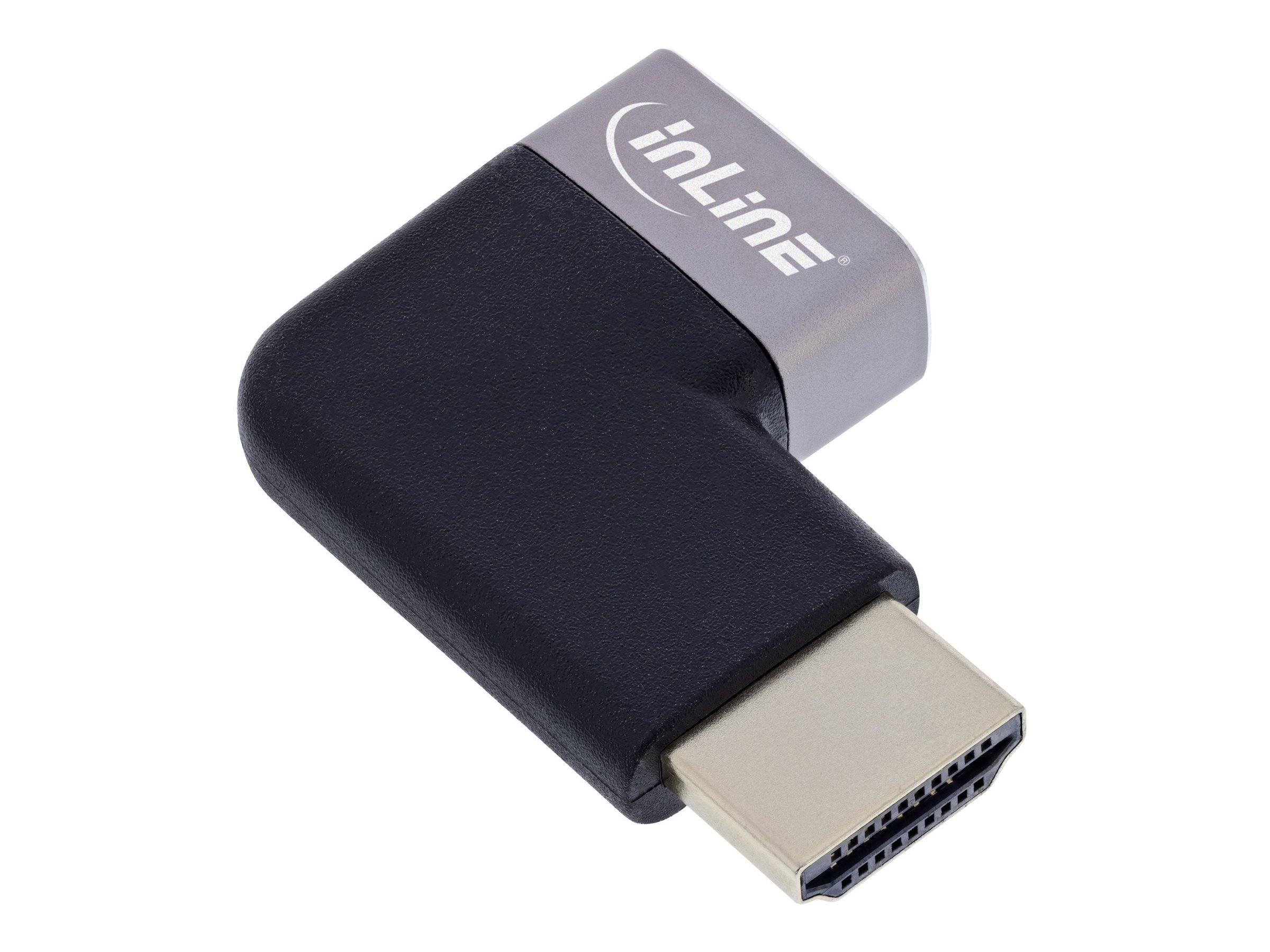 Ein schwarzer HDMI-Adapter mit Winkeldesign, auf dem silbernen Anschlussbereich mit der Marke 'inline' versehen, verwendet zum Anschluss von Geräten mit begrenztem Platz.
