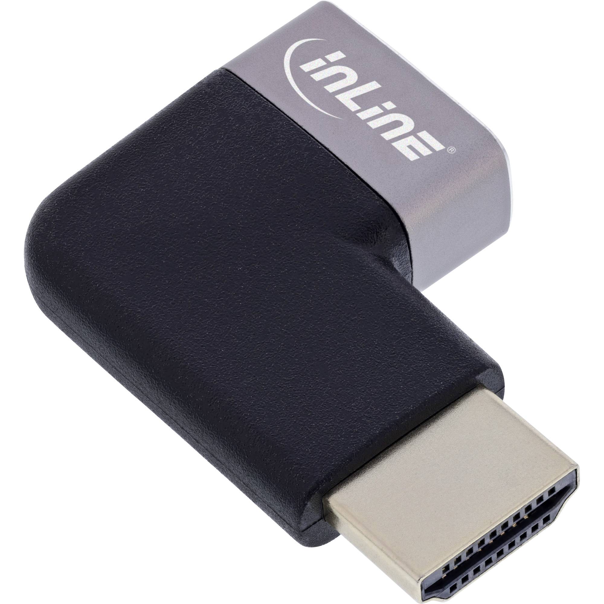 Ein HDMI-Adapter mit Winkeldesign, schwarzem Gehäuse und silberner Beschriftung, nützlich für die Verbindung von Geräten in beengten Räumlichkeiten.