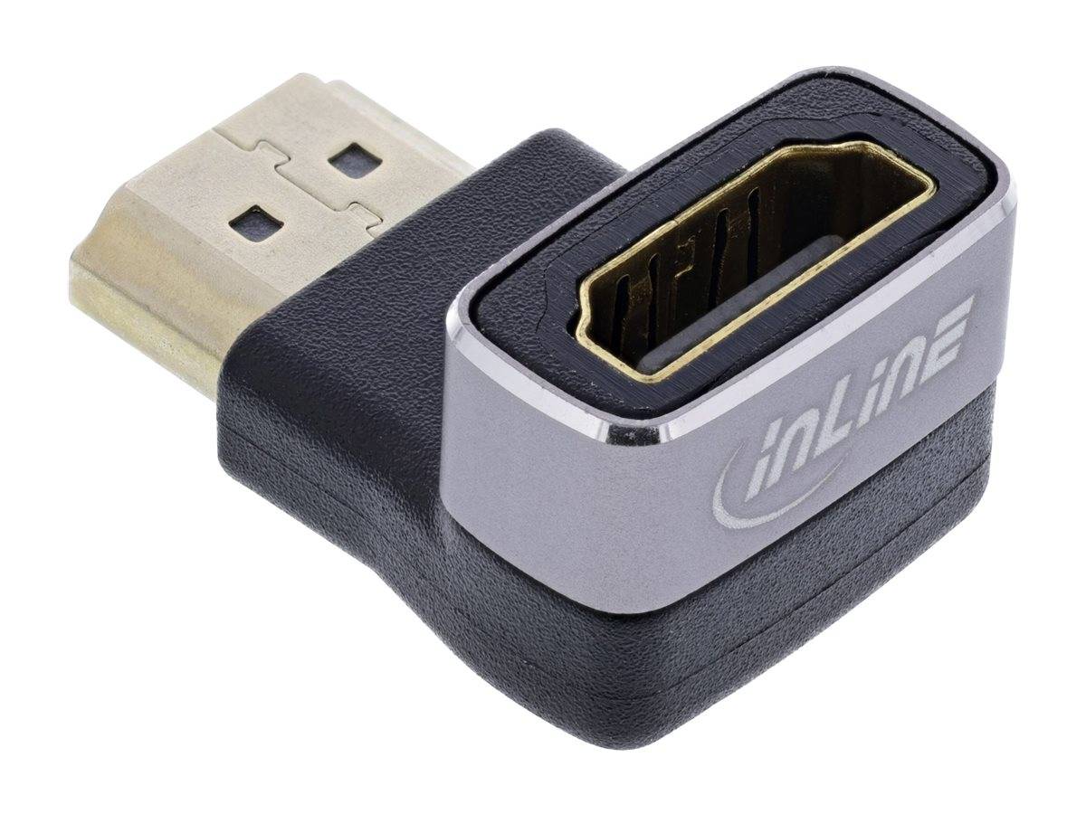 Ein HDMI 90-Grad-Adapter mit männlicher zu weiblicher Verbindung, der entwickelt wurde, um Kabelanschlüsse in beengten Räumen zu ermöglichen, in Nahaufnahme.