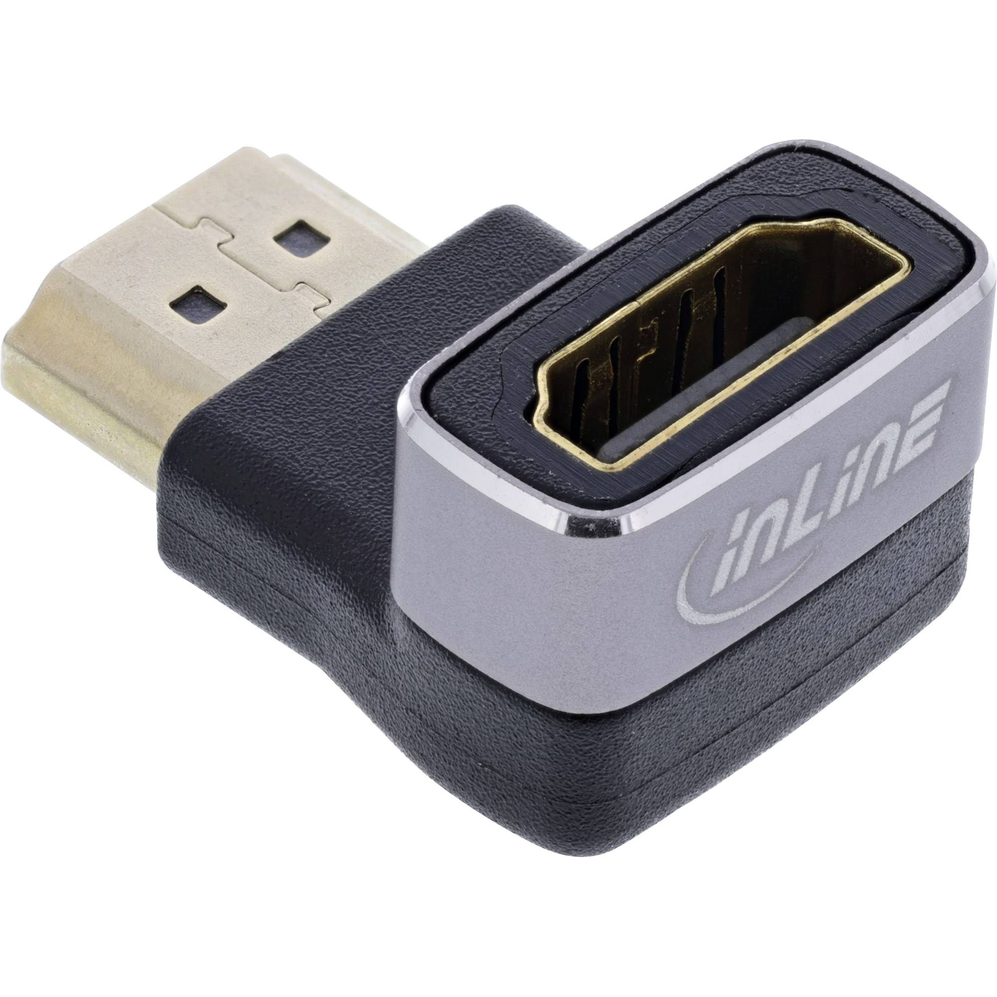 HDMI-Stecker-zu-Buchse-Winkeladapter, schwarz und silber, mit der Markenaufschrift 'inline', entwickelt für die Verbindung von Geräten in beengten Räumlichkeiten.